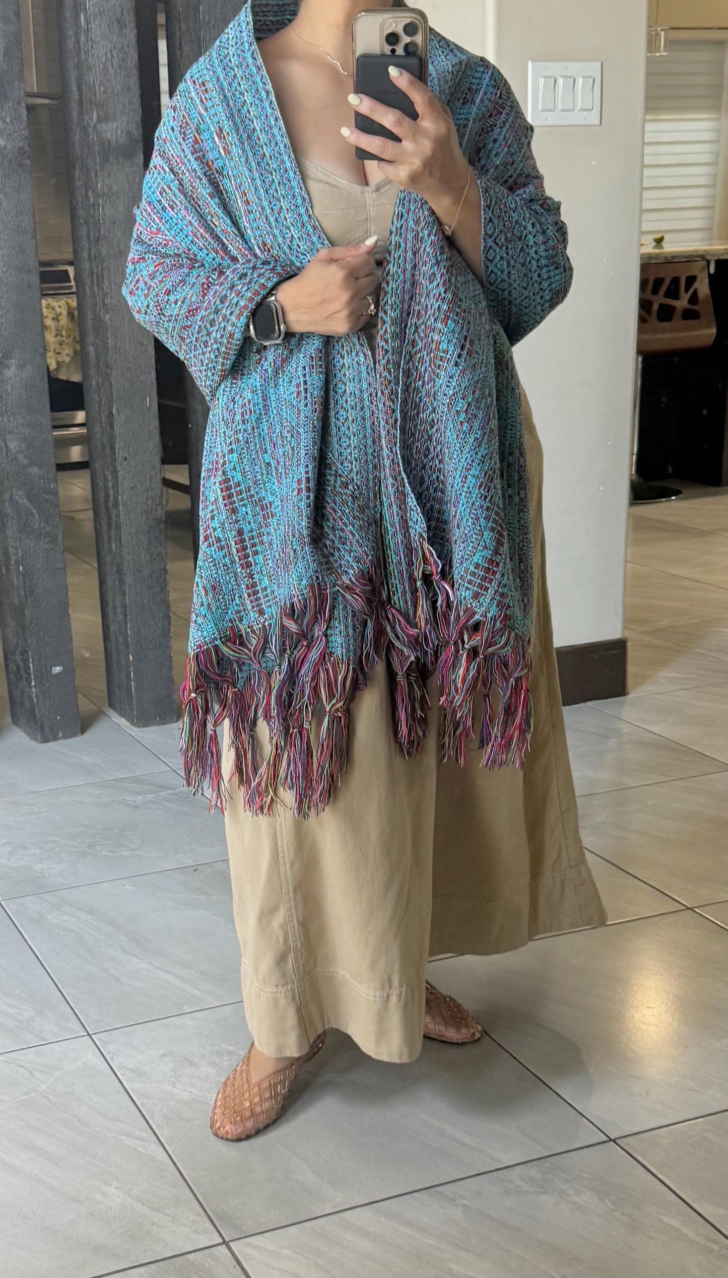 Traditional Mexican Rebozo | Turquoise | Multicolor | Shawl from Puebla | Loom-Woven Shawl | 80x28 in | CasaArtMex
