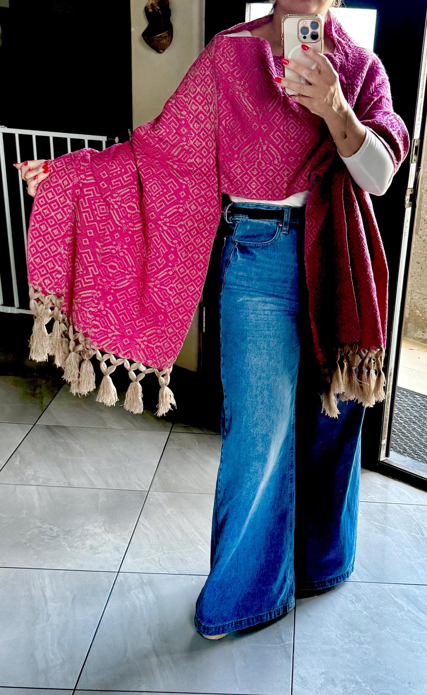 Mexican Rebozo Shawl Pink & Khaki – Handwoven Artisan Wrap – Authentic Mexican Scarf from Puebla with front panel ( pechera)