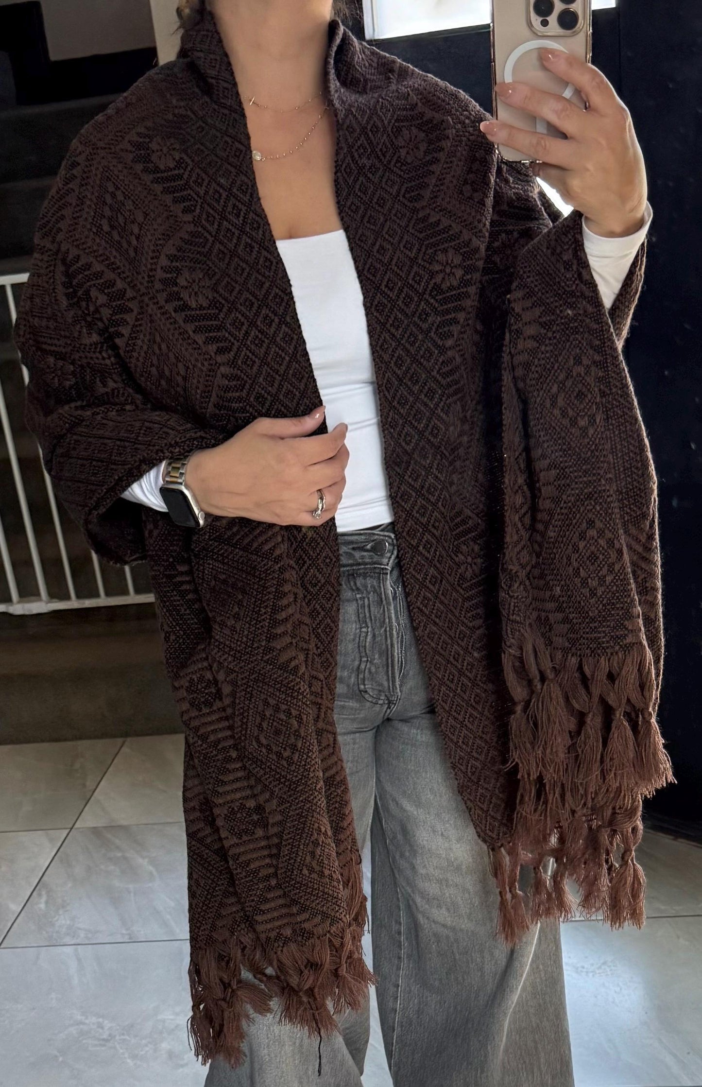 Handwoven Mexican Rebozo Shawl | Brown & Black | Traditional Loom-Woven from Puebla – 80x28 in – CasaArtMex