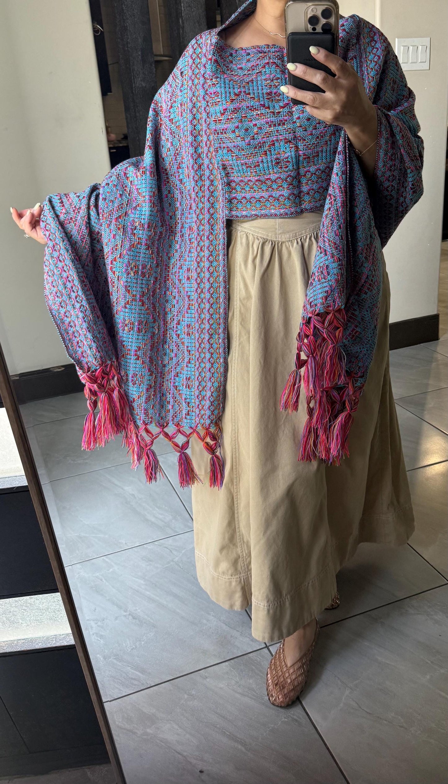 Mexican Rebozo with front panel – Turquoise Multicolor Shawl from Puebla | 80x28 in | CasaArtMex