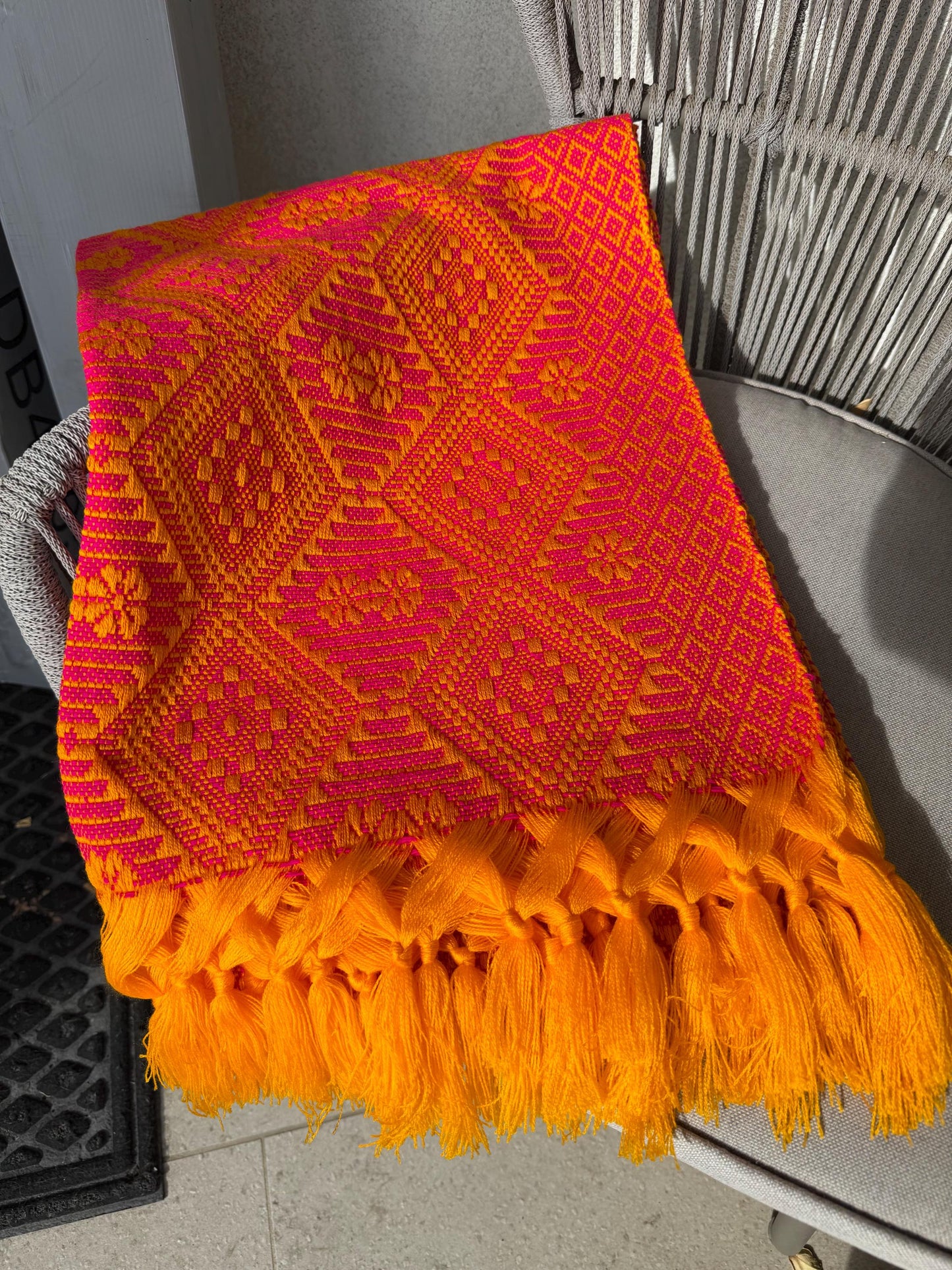 Handwoven Mexican Rebozo with pechera – Pink  | yellow |  Shawl from Puebla | 80x28 in | CasaArtMex