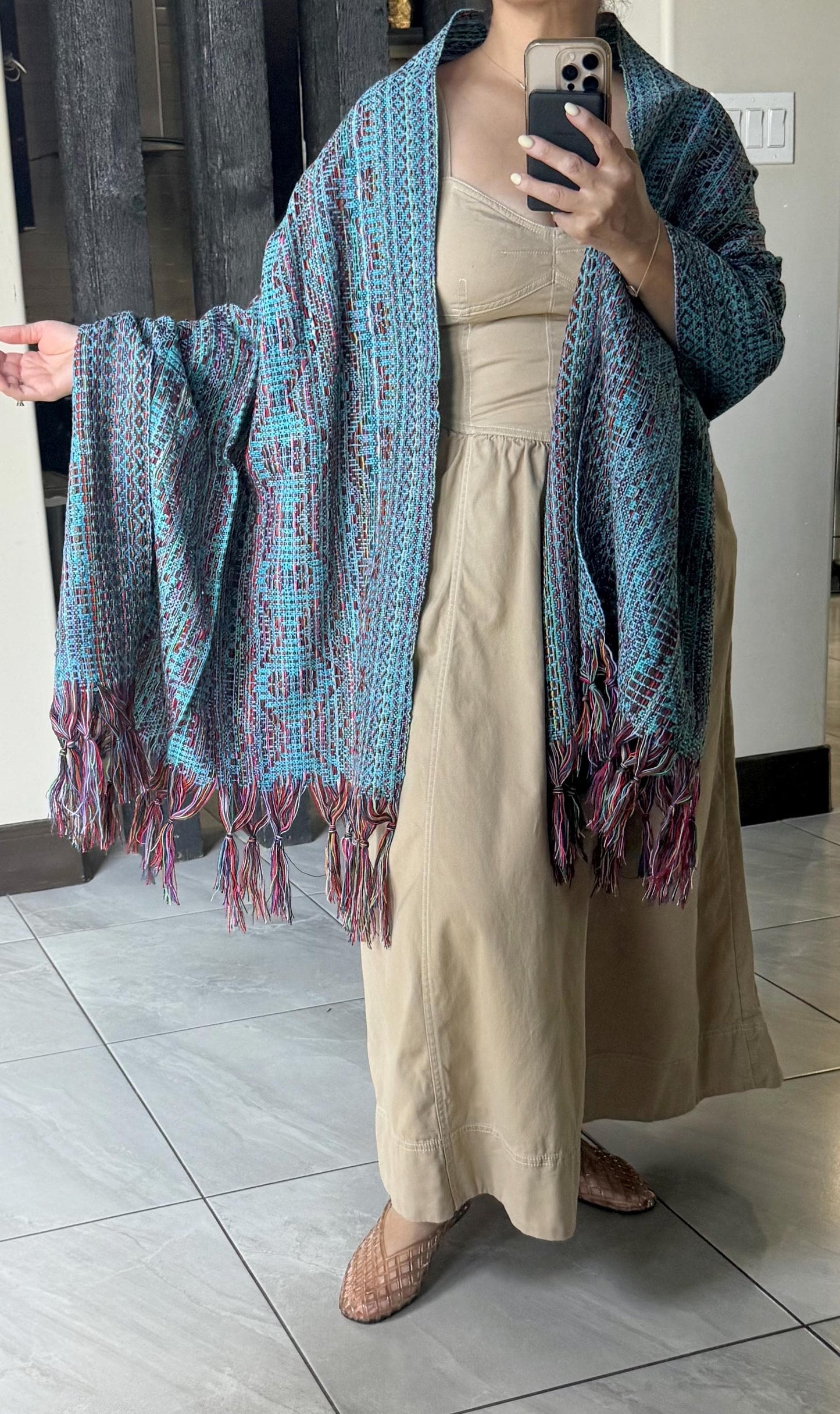 Traditional Mexican Rebozo | Turquoise | Multicolor | Shawl from Puebla | Loom-Woven Shawl | 80x28 in | CasaArtMex