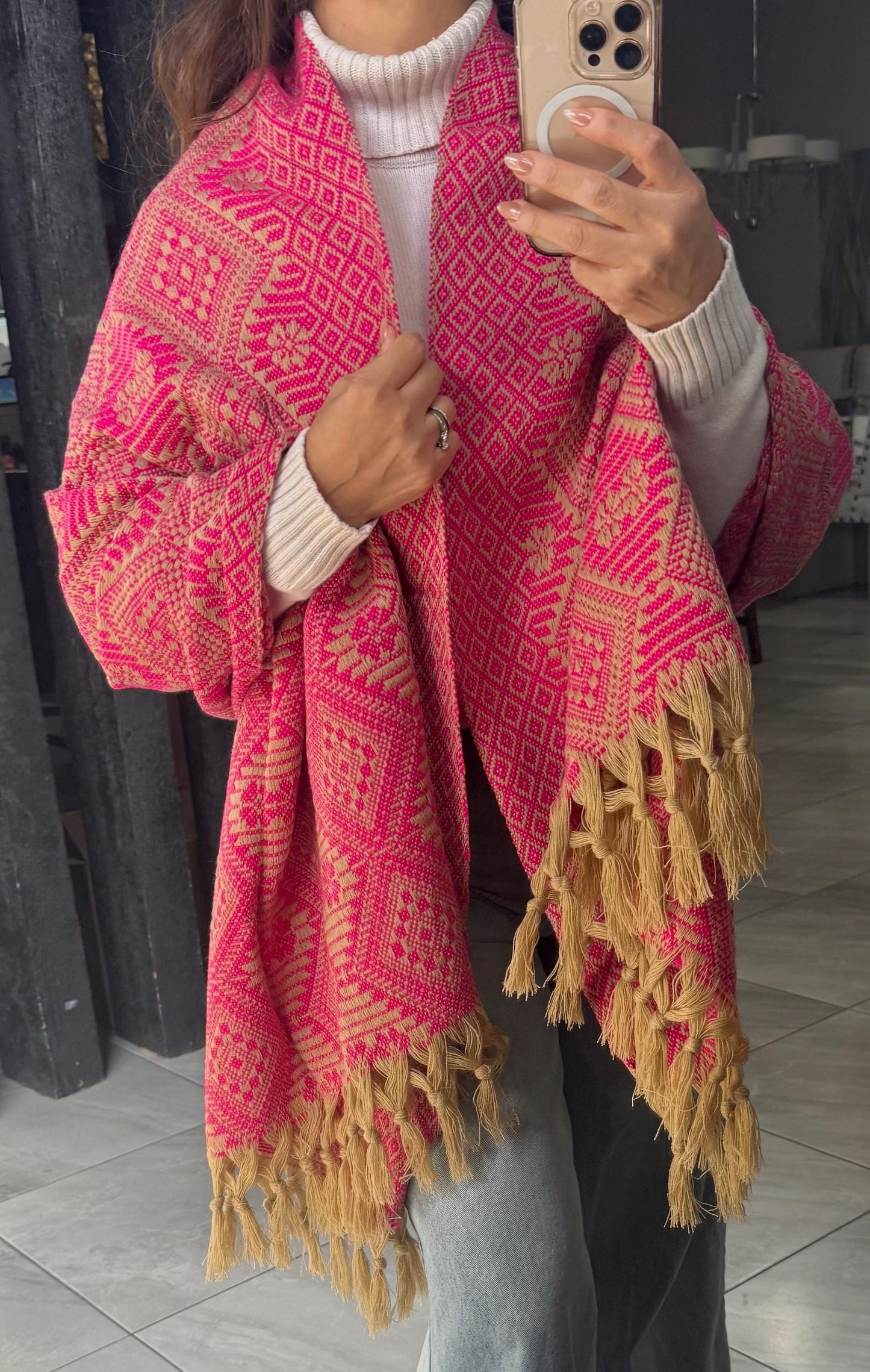 Handwoven Mexican Rebozo – Pink  | khaki |  Shawl from Puebla | 80x28 in | CasaArtMex rare to find