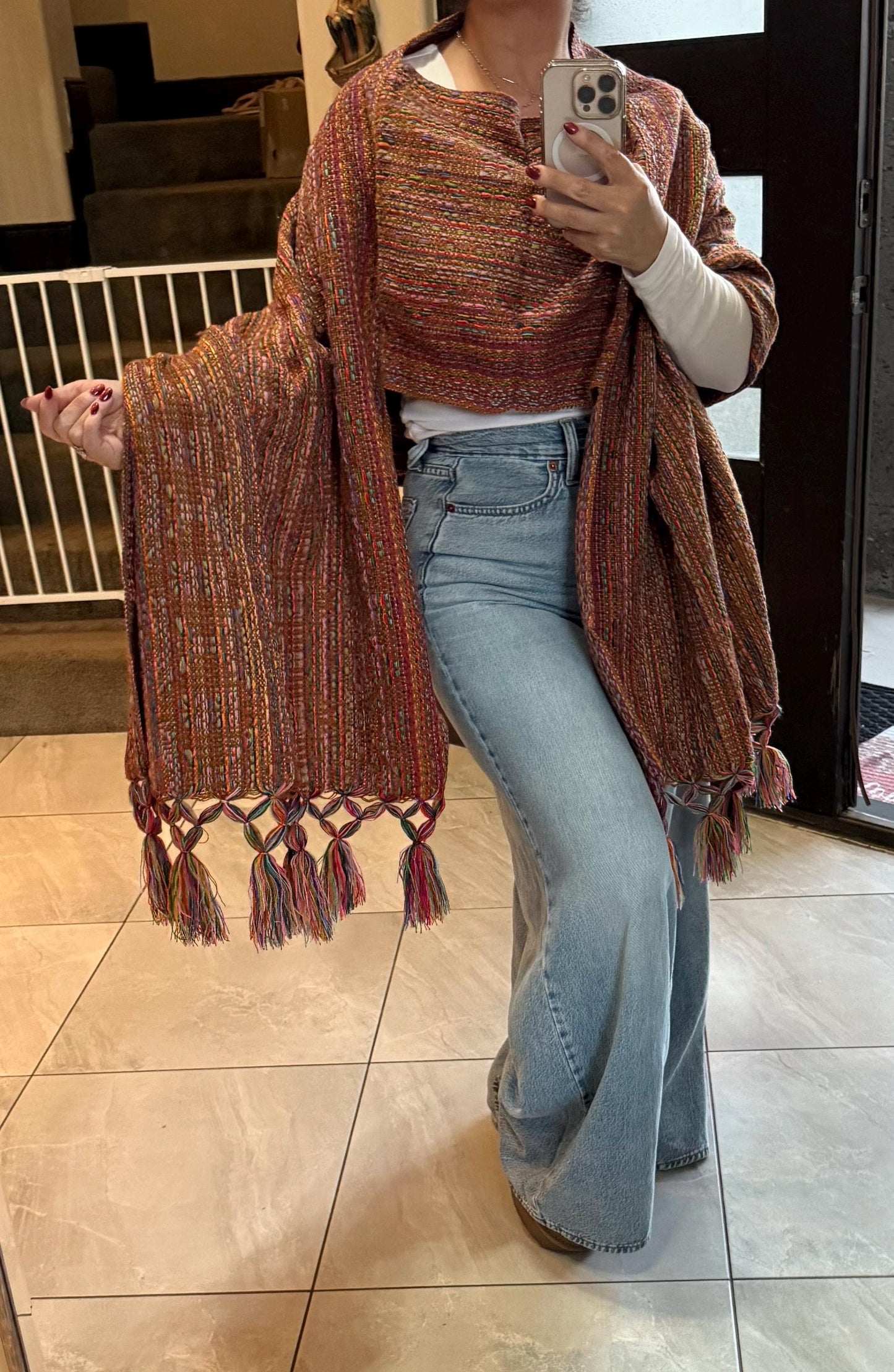 Mexican Rebozo with front panel – Ginger | Brown | Multicolor Shawl from Puebla | 80x28 in | CasaArtMex