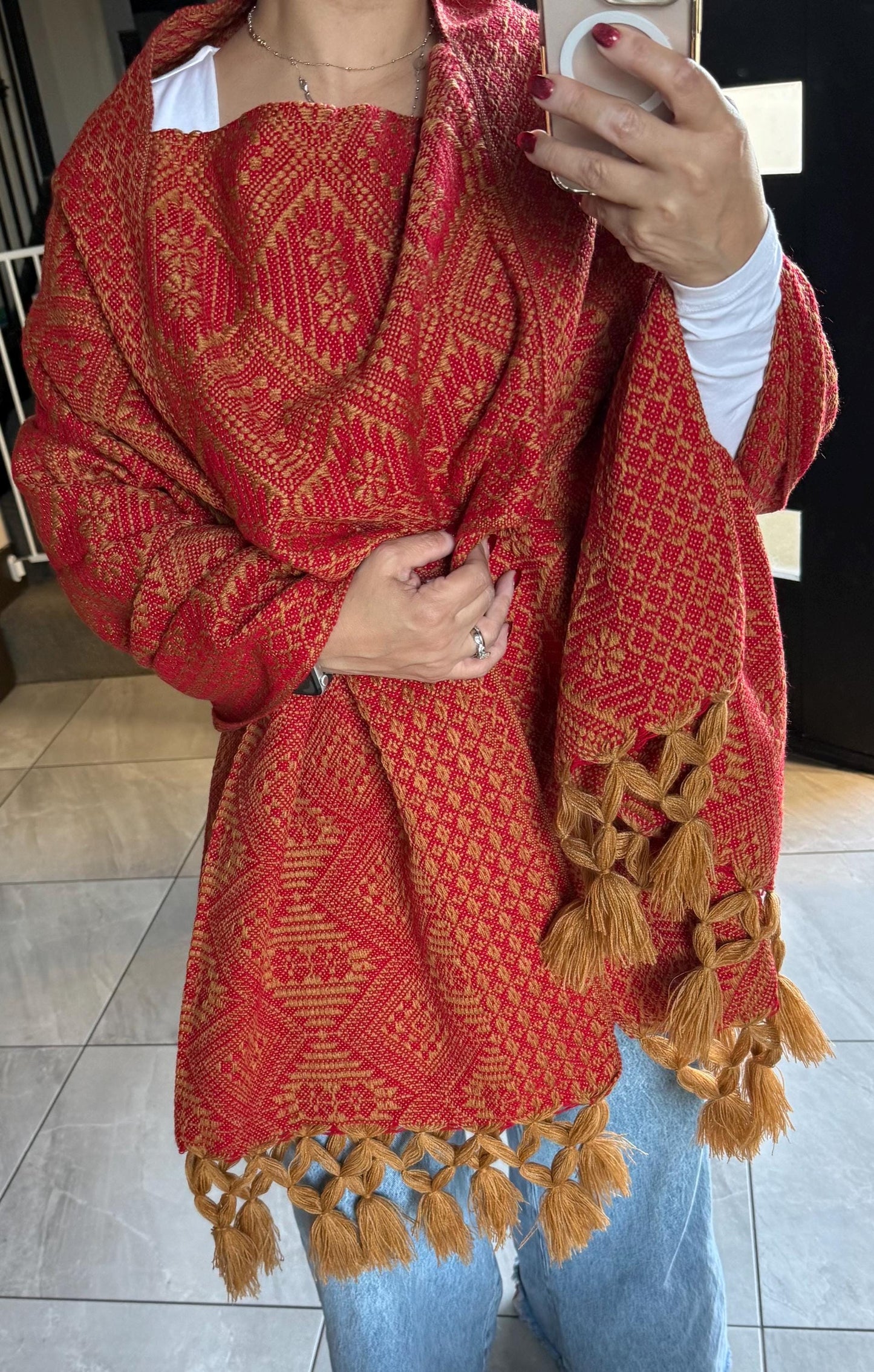 Mexican Rebozo Shawl with front panel (pechera) Gold & Red  – Handwoven Artisan Wrap – Authentic Mexican Scarf from Puebla