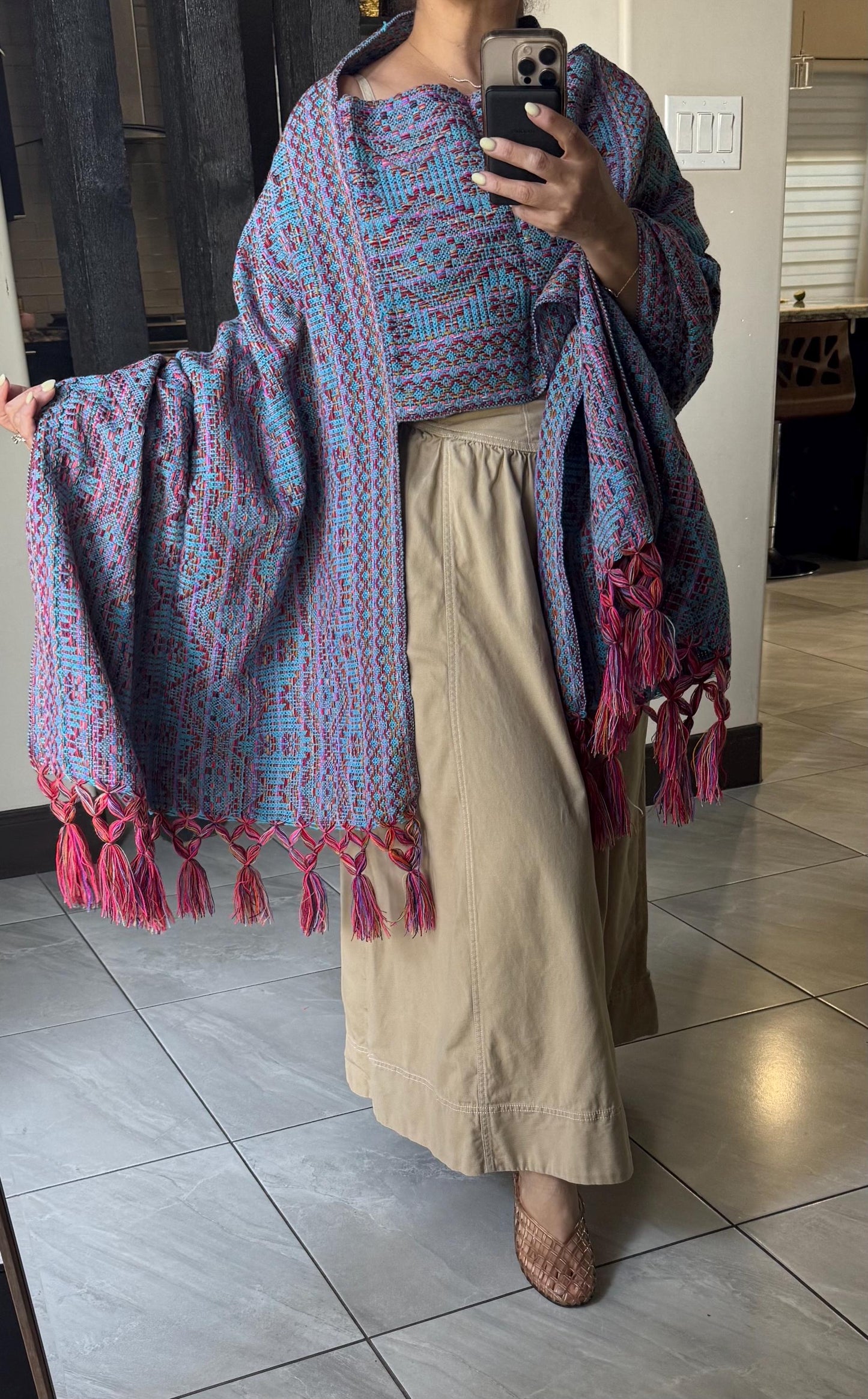 Mexican Rebozo with front panel – Turquoise Multicolor Shawl from Puebla | 80x28 in | CasaArtMex