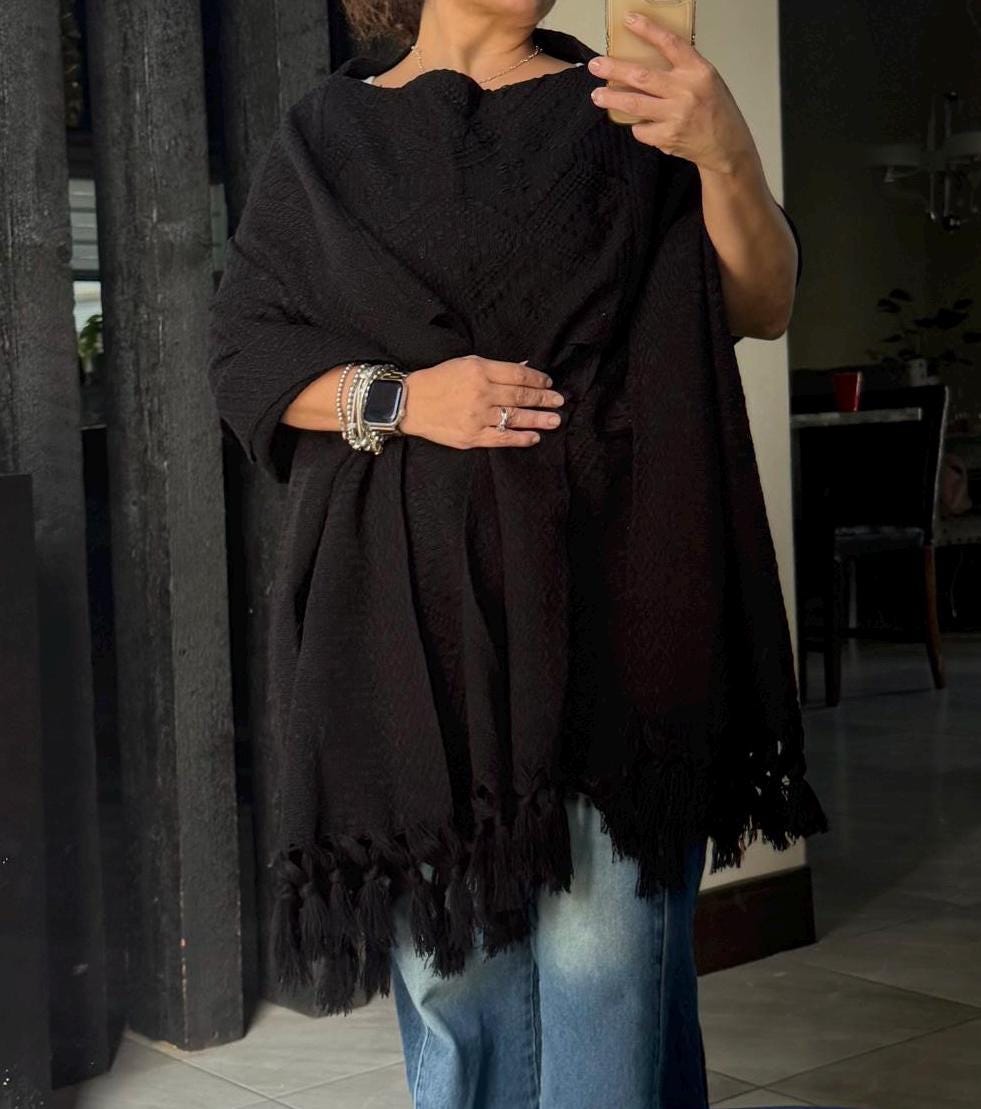 Handwoven Mexican Rebozo – Traditional Black Shawl from Puebla | 80x28 in | CasaArtMex