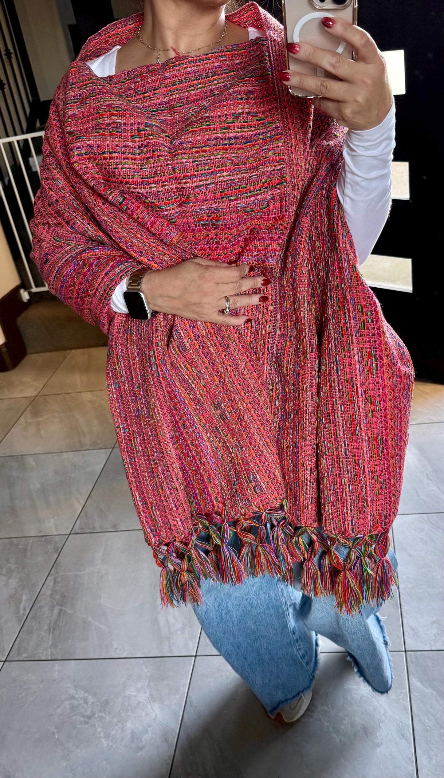Mexican Rebozo Shawl with panel – Pink Multicolor Artisan Wrap from Puebla