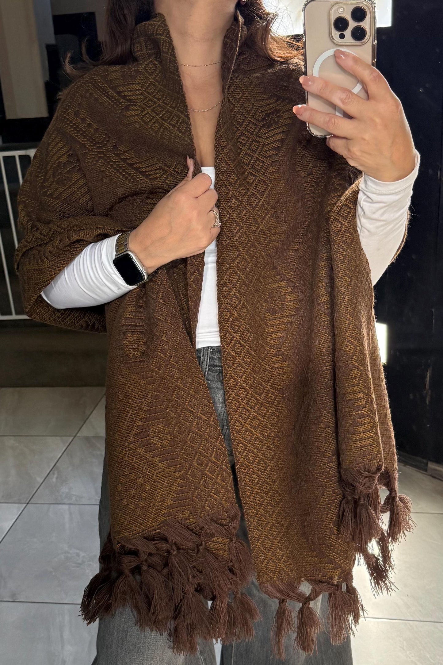 Handwoven Mexican Rebozo Shawl | Brown & Yellow Loom-Woven Wrap