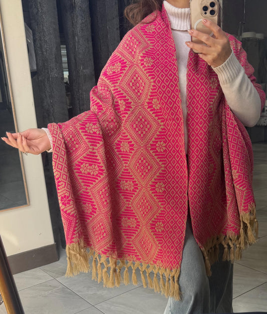 Handwoven Mexican Rebozo – Pink  | khaki |  Shawl from Puebla | 80x28 in | CasaArtMex rare to find