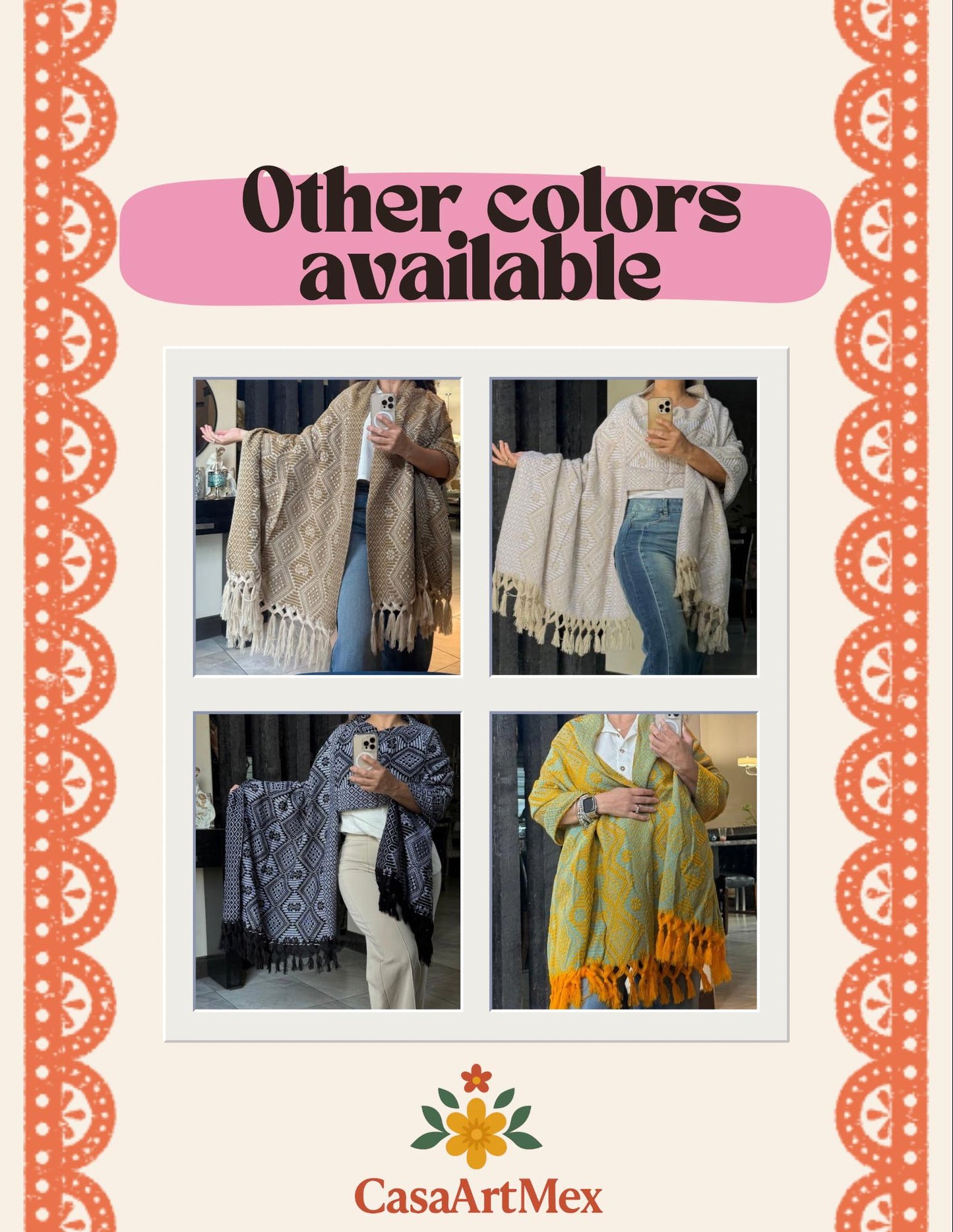 Mexican Rebozo  with front panel – Rosa Mexicano | Multicolor Shawl from Puebla | 80x28 in | CasaArtMex