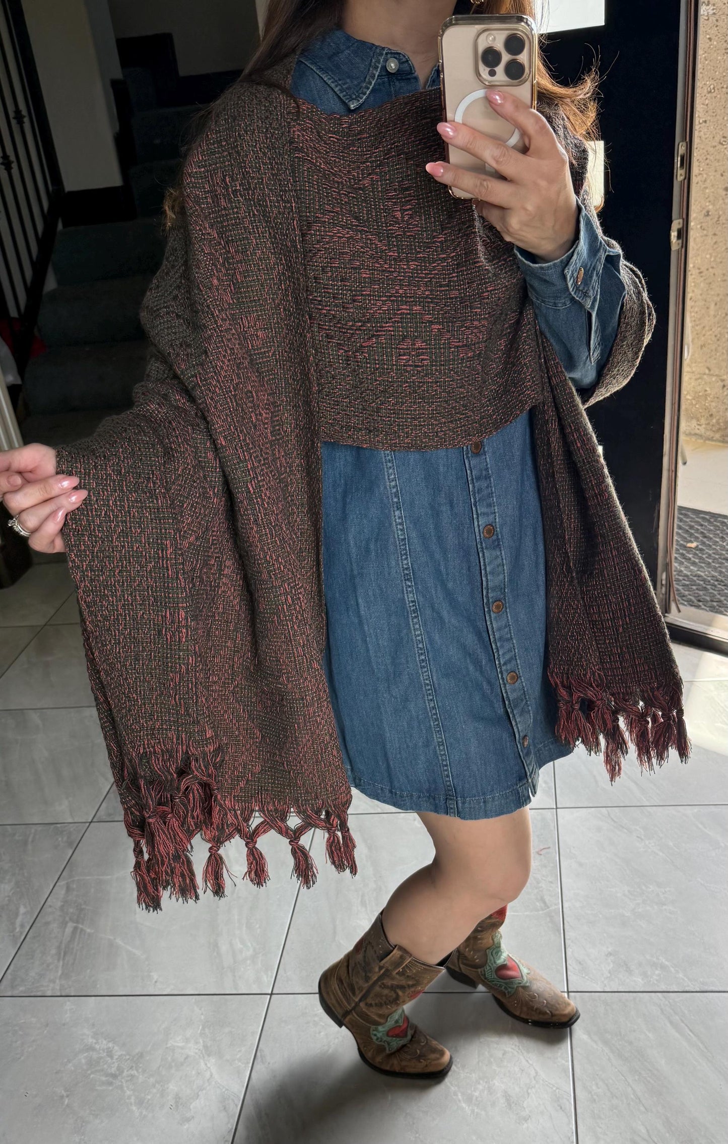 Handwoven Mexican Rebozo Shawl with pechera – Charcoal | Green | Peach | Puebla Artisan Craft