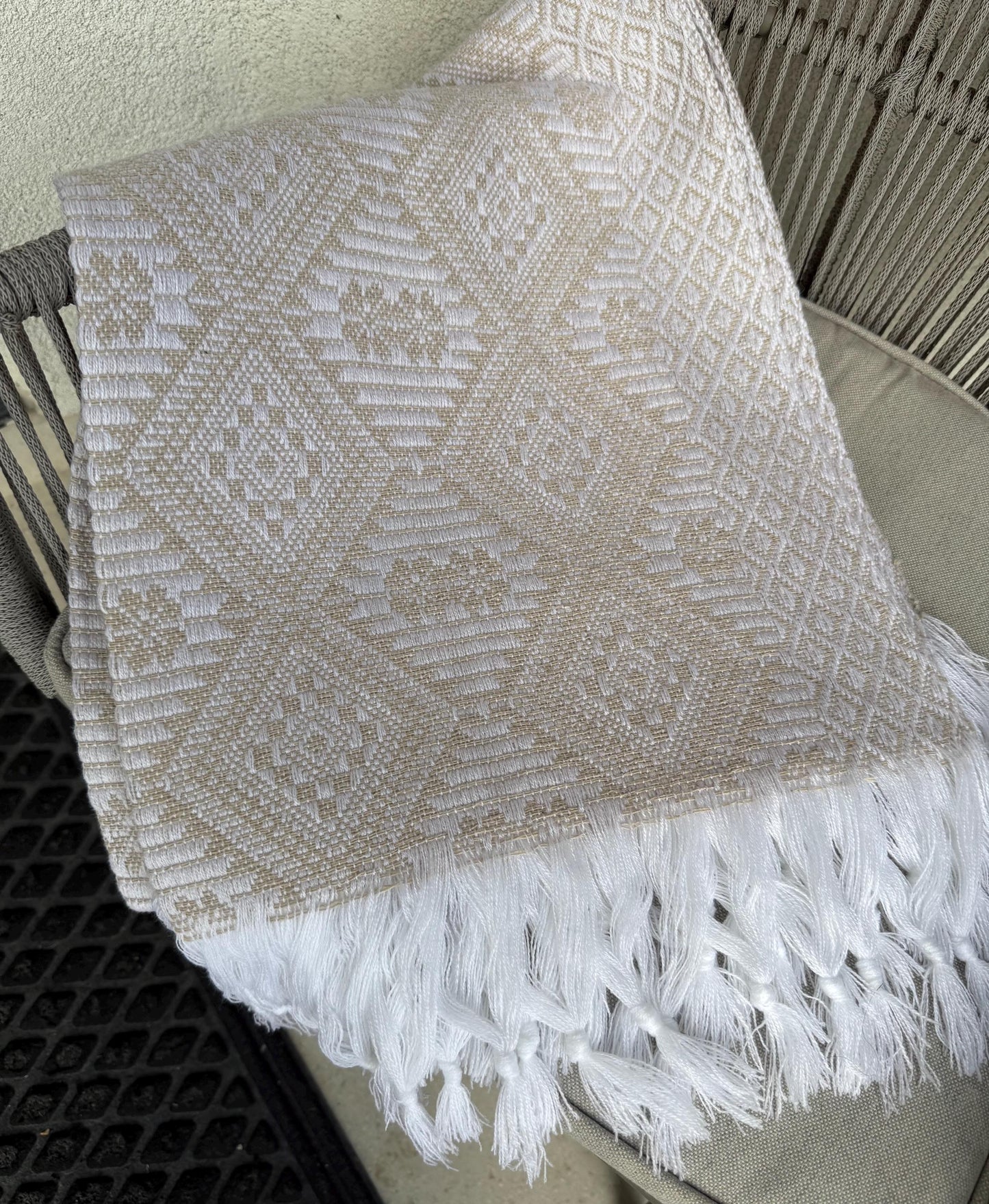 Traditional Handwoven Mexican Rebozo Shawl from Puebla |White & Khaki Loom-Woven Shawl | 80x28 in | CasaArtMex