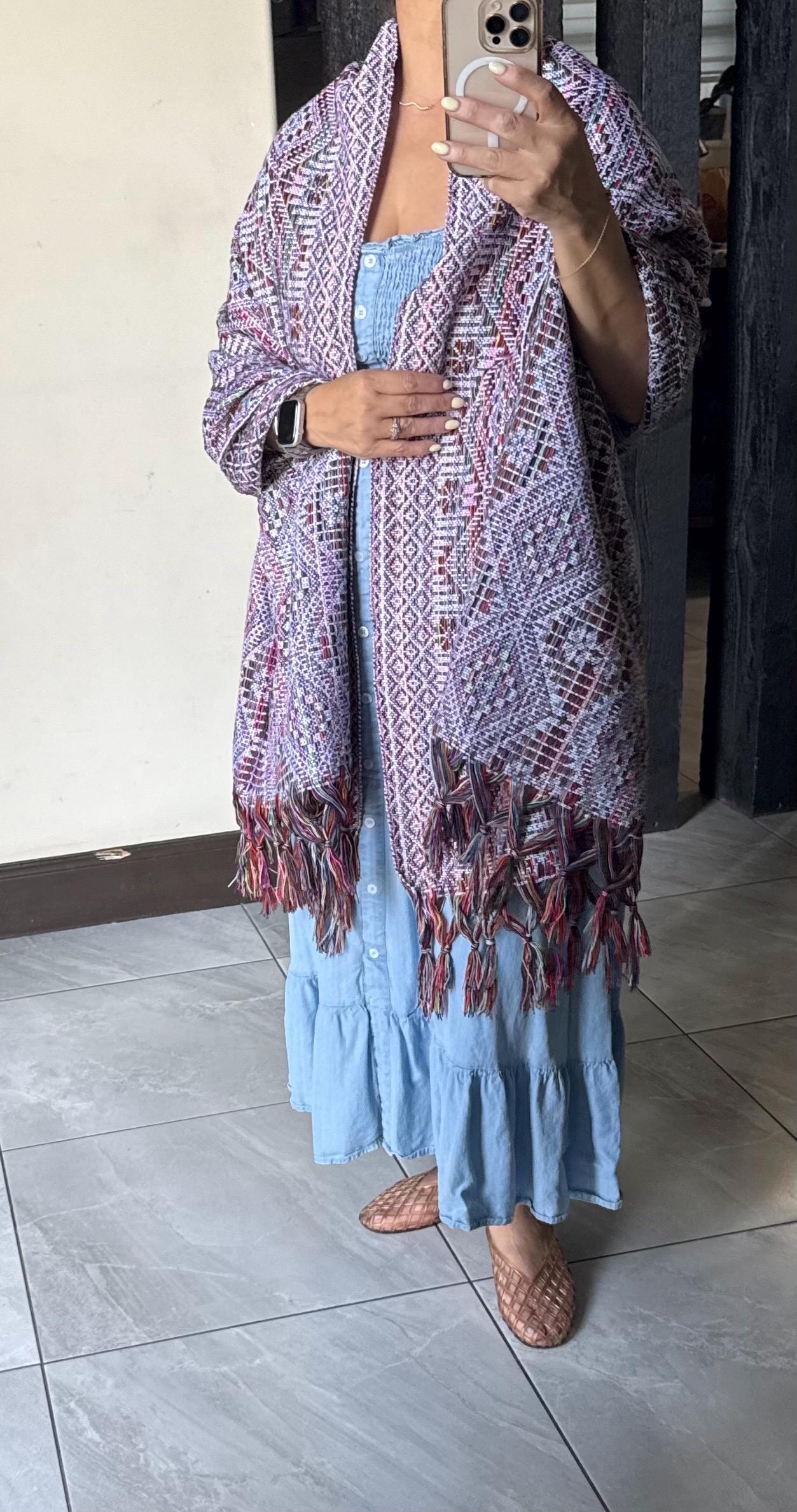 Traditional Mexican Rebozo white | multicolor | rainbow | Shawl from Puebla | Loom-Woven Shawl | 80x28 in | CasaArtMex