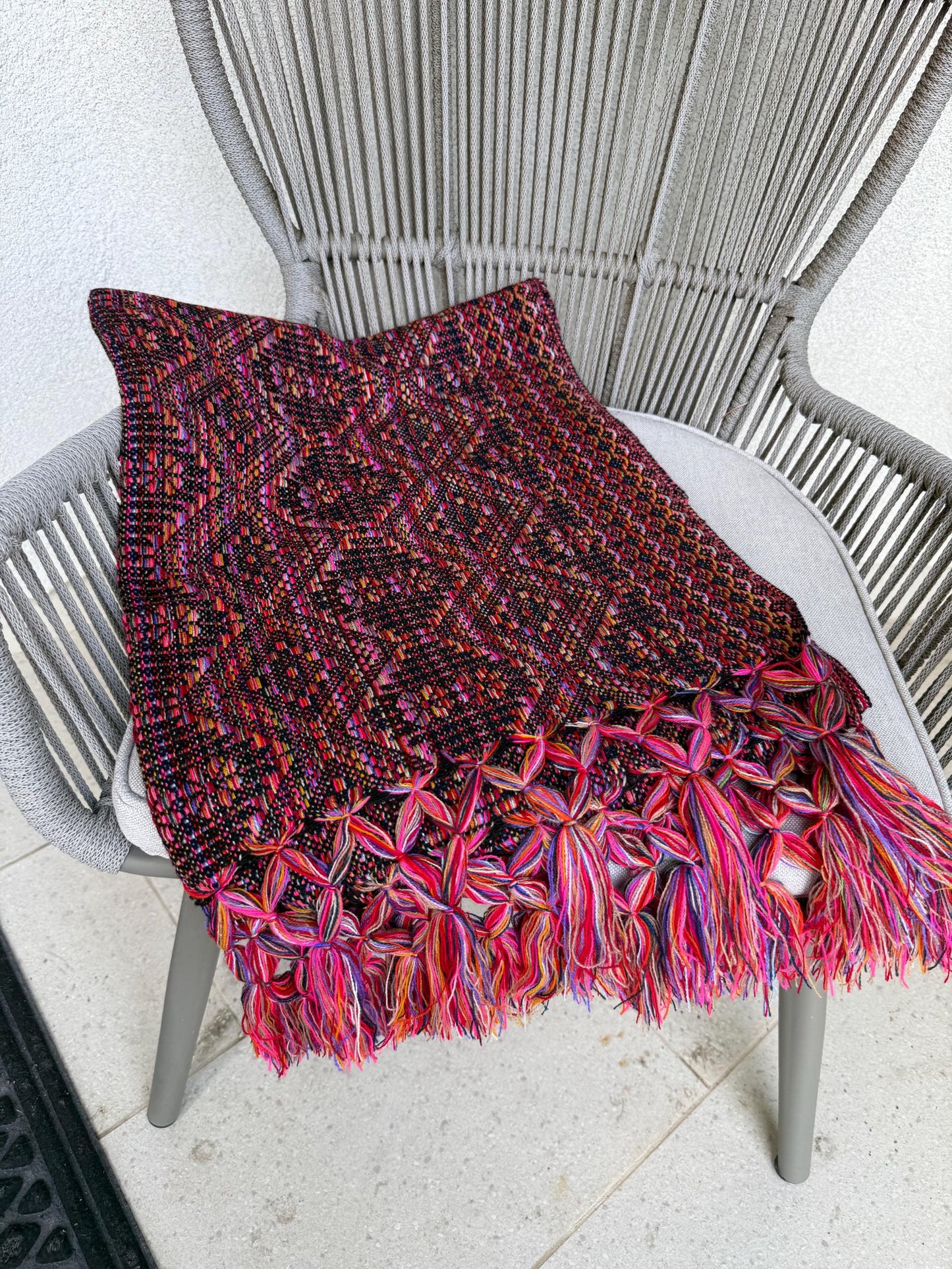 Mexican Rebozo with front panel – Black Multicolor Shawl from Puebla | 80x28 in | CasaArtMex