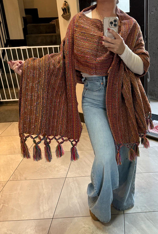 Mexican Rebozo with front panel – Ginger | Brown | Multicolor Shawl from Puebla | 80x28 in | CasaArtMex