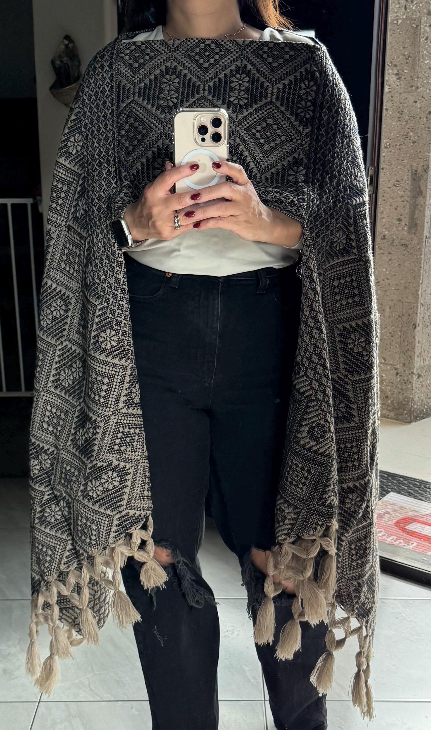 Handwoven Mexican Rebozo – Khaki & Black Shawl from Puebla | 80x28 in | CasaArtMex