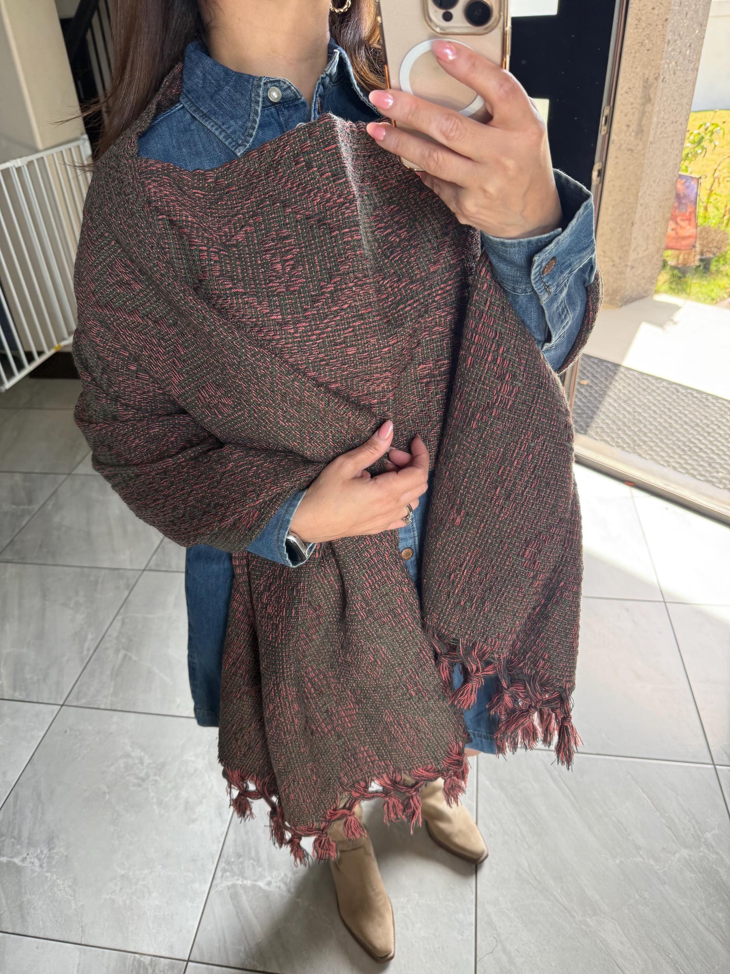 Handwoven Mexican Rebozo Shawl with pechera – Charcoal | Green | Peach | Puebla Artisan Craft