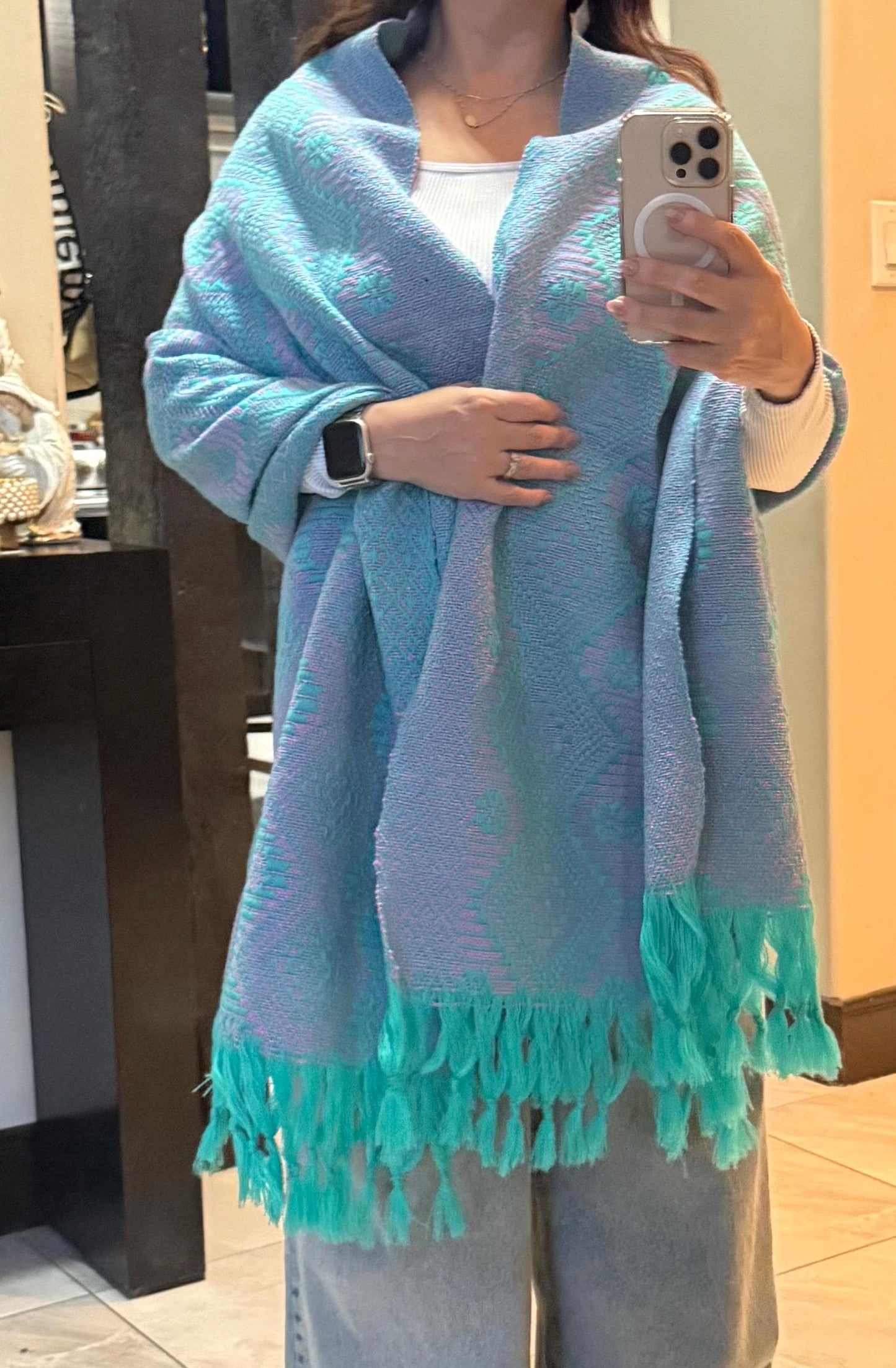 Mexican Rebozo Shawl Turquoise – Purple Handwoven Artisan Wrap – Authentic Mexican Scarf from Puebla