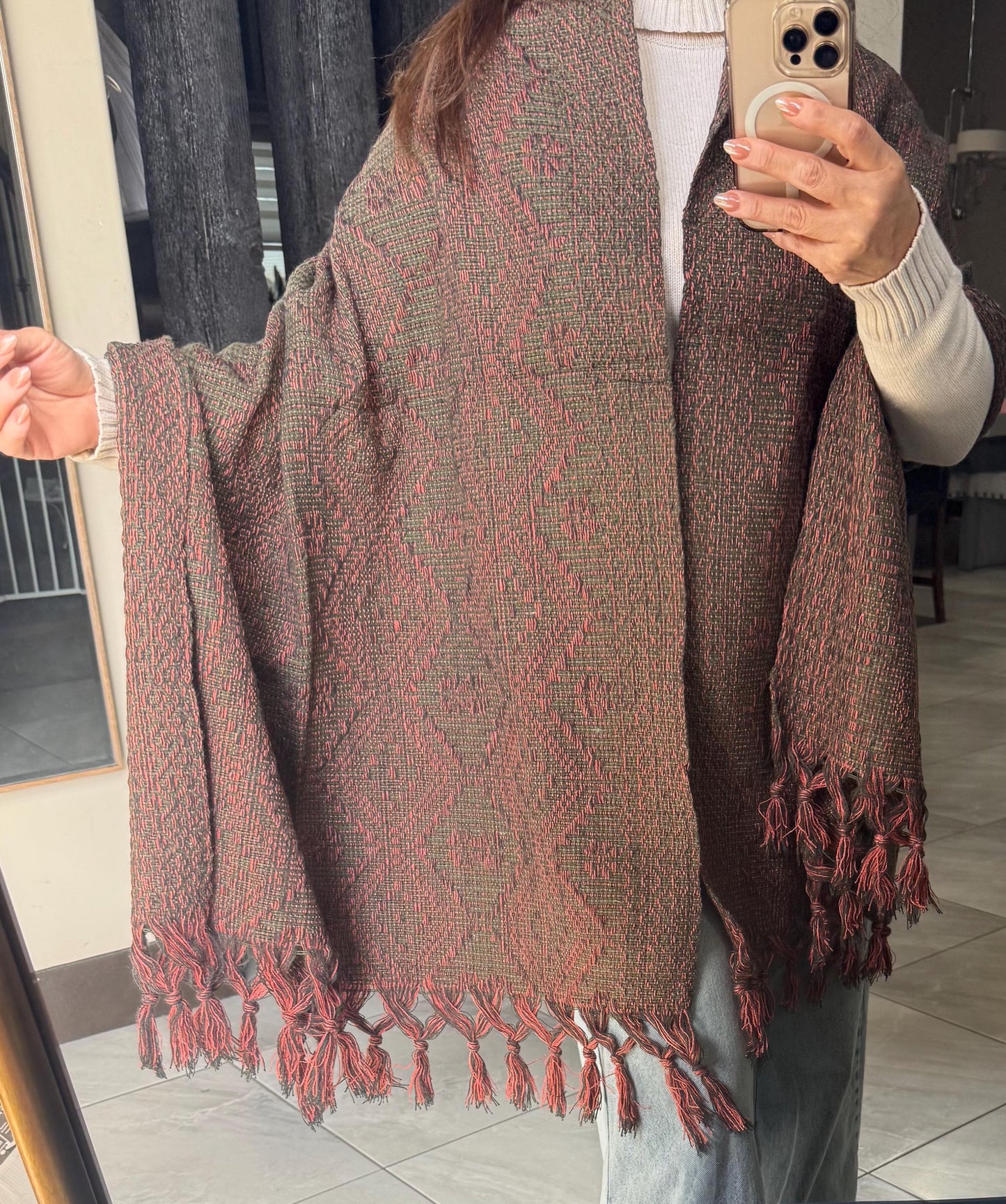 Handwoven Mexican Rebozo Shawl – Charcoal, Green & Peach, Puebla Artisan Craft