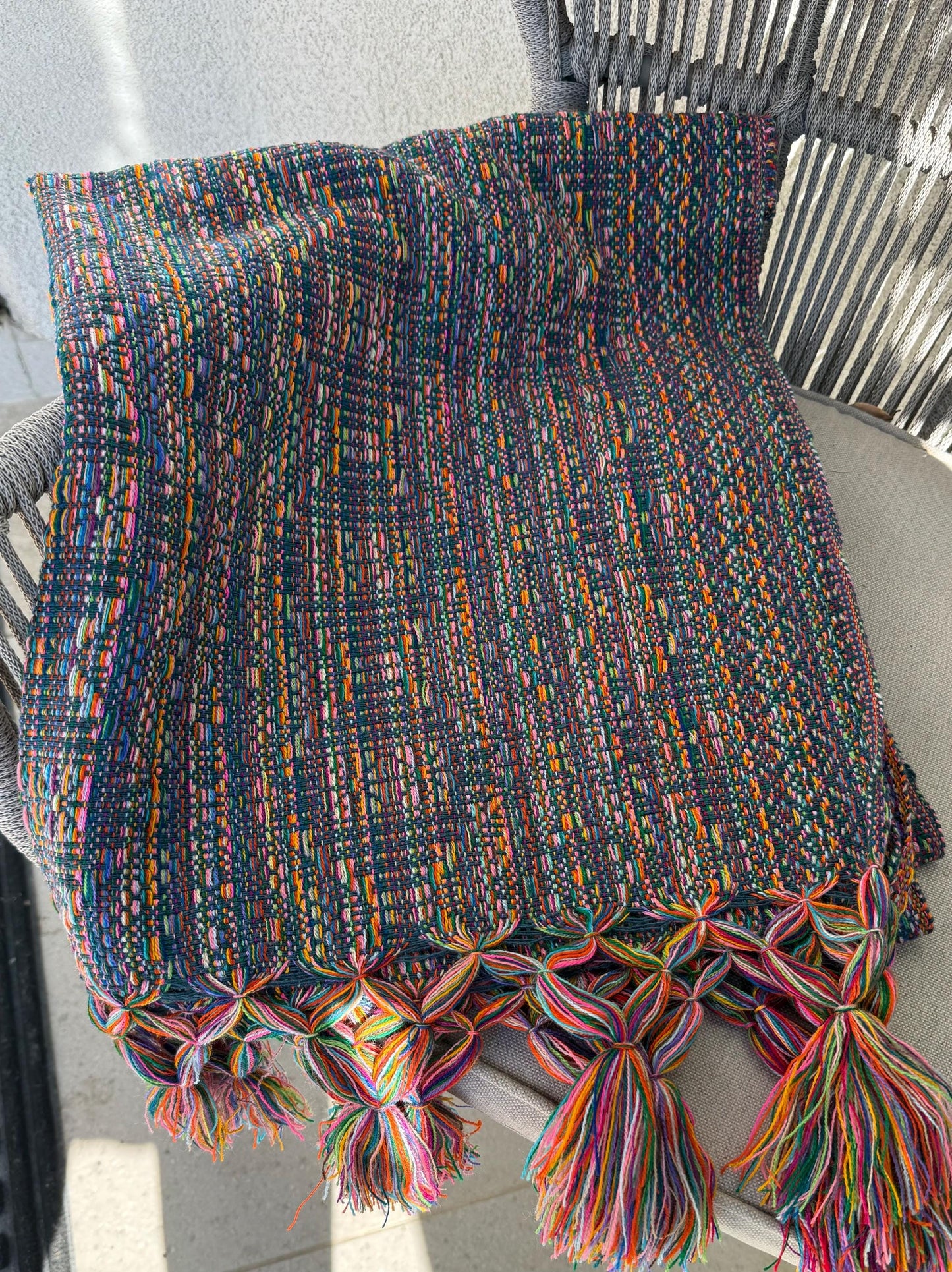 Mexican Rebozo with front panel – Dark Blue |  Multicolor Shawl from Puebla | 80x28 in | CasaArtMex