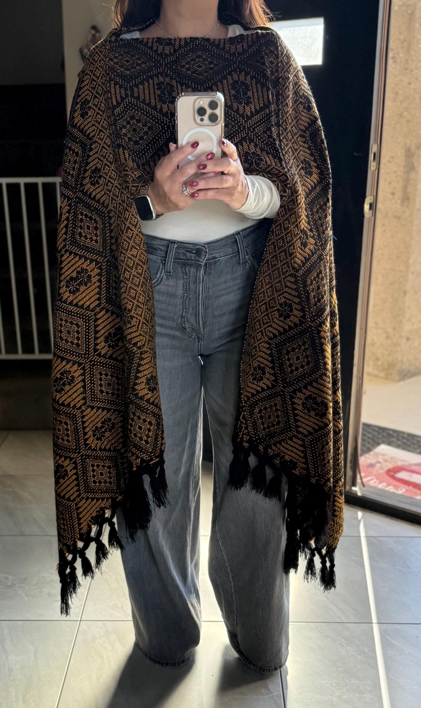 Handwoven Mexican Rebozo Shawl – Black & Yellow Puebla Scarf
