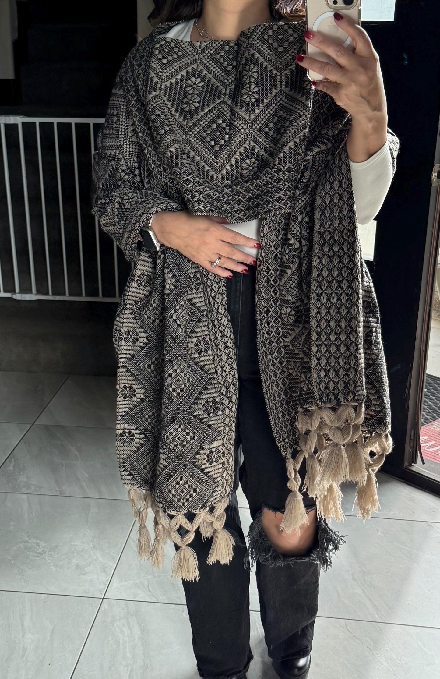 Handwoven Mexican Rebozo – Khaki & Black Shawl from Puebla | 80x28 in | CasaArtMex