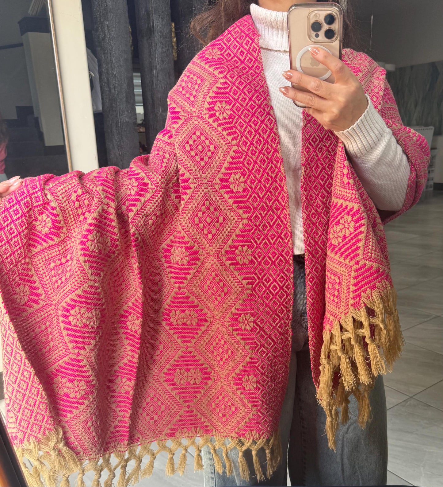 Handwoven Mexican Rebozo – Pink  | khaki |  Shawl from Puebla | 80x28 in | CasaArtMex rare to find