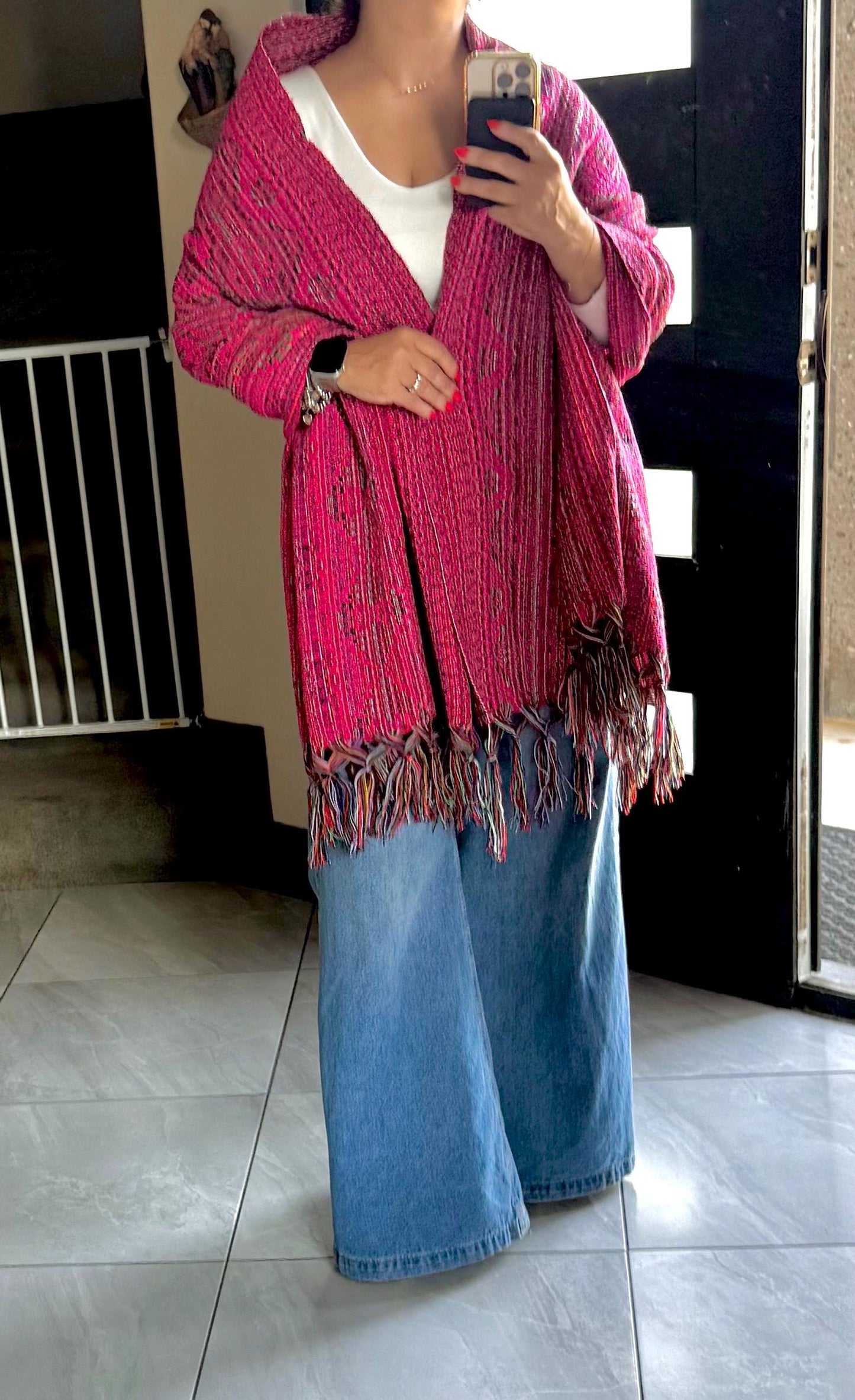Mexican Rebozo  with front panel – Rosa Mexicano | Multicolor Shawl from Puebla | 80x28 in | CasaArtMex