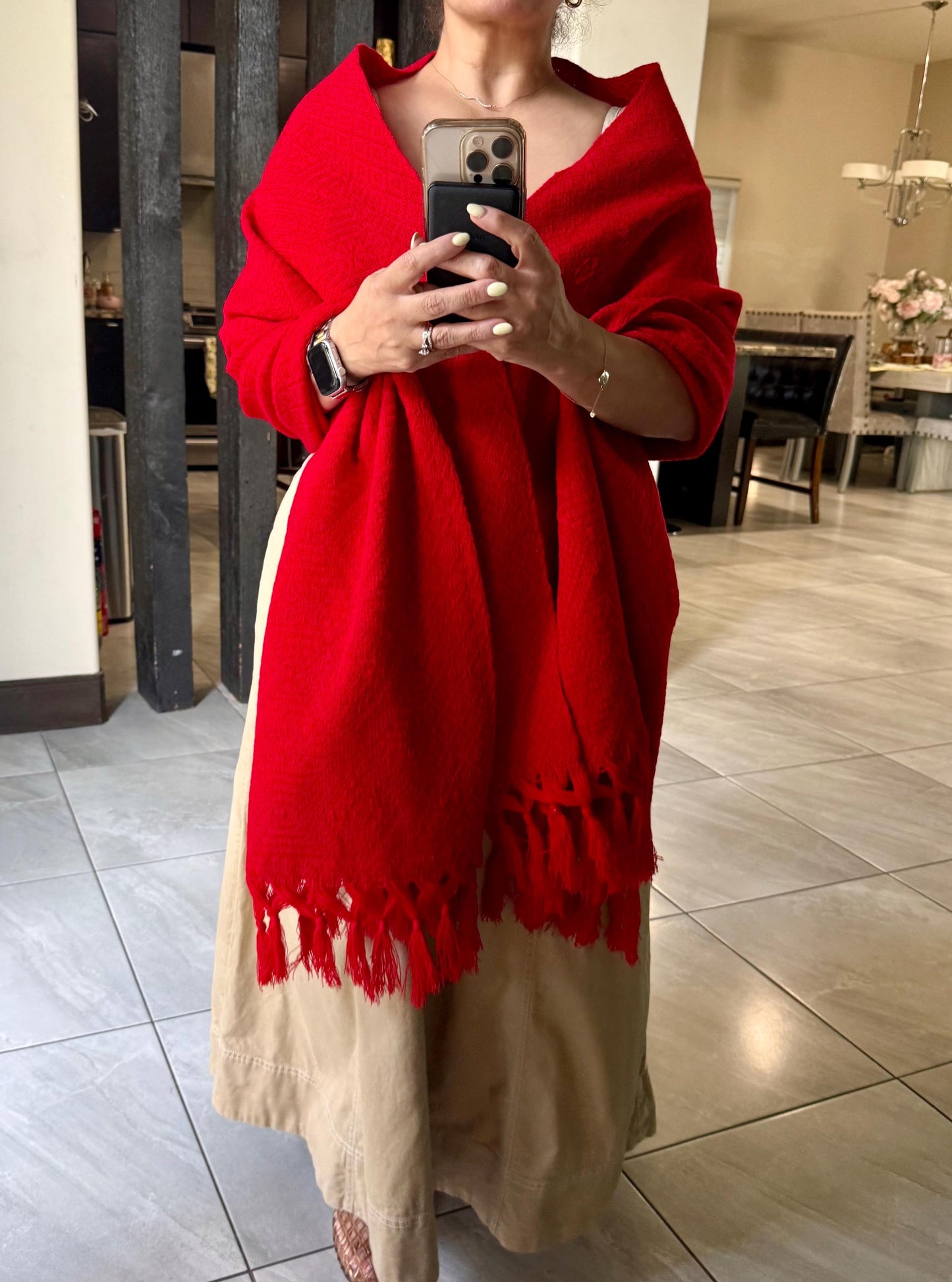 Traditional Handwoven Mexican Red Rebozo Shawl from Puebla | Loom-Woven Shawl | 80x28 in | CasaArtMex