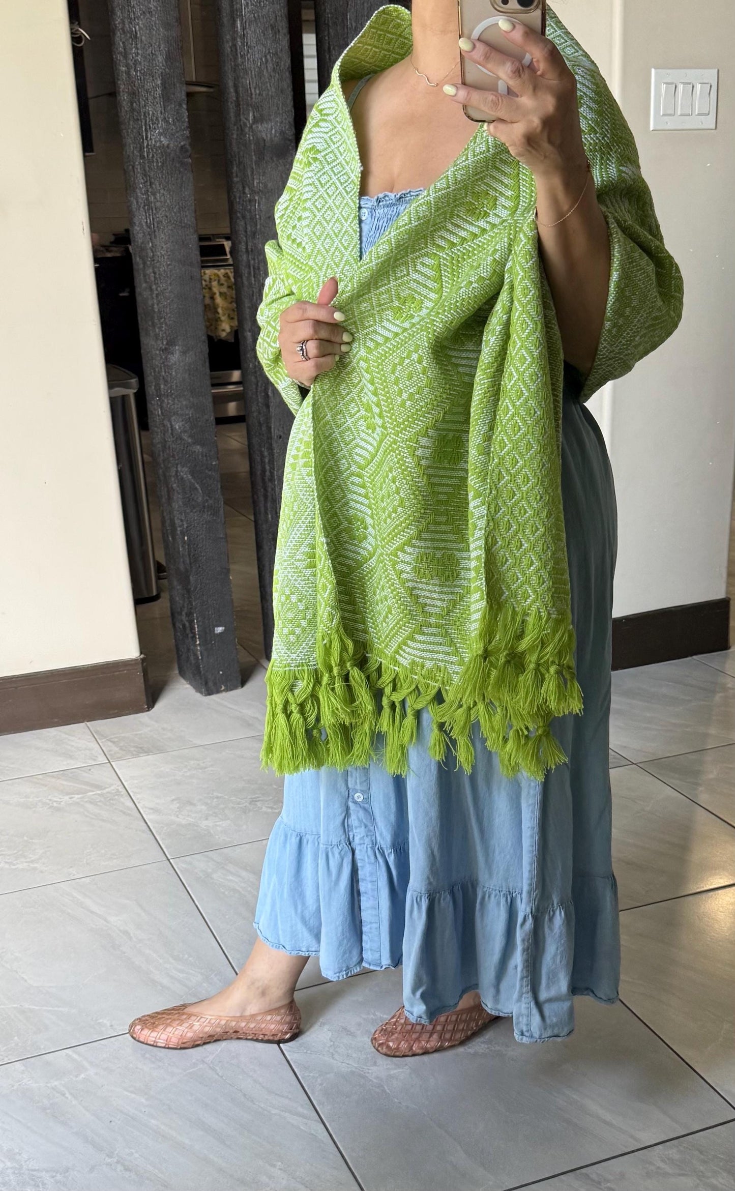 Traditional Mexican Rebozo green | white | Shawl from Puebla | Loom-Woven Shawl | 80x28 in | CasaArtMex