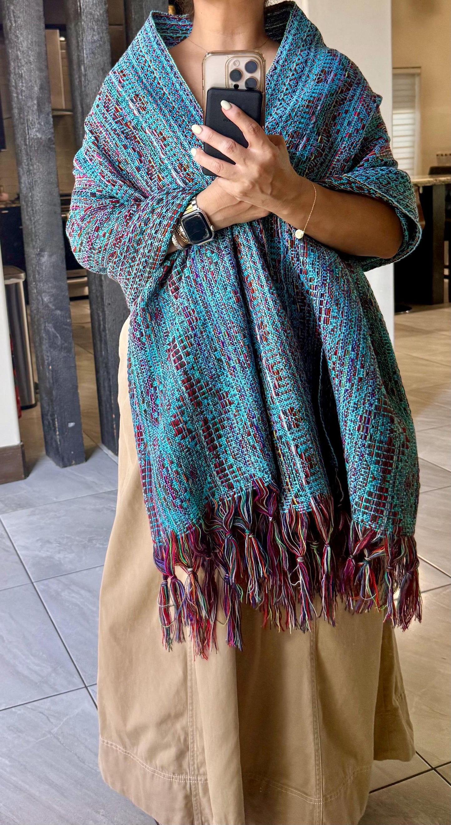 Traditional Mexican Rebozo | Turquoise | Multicolor | Shawl from Puebla | Loom-Woven Shawl | 80x28 in | CasaArtMex
