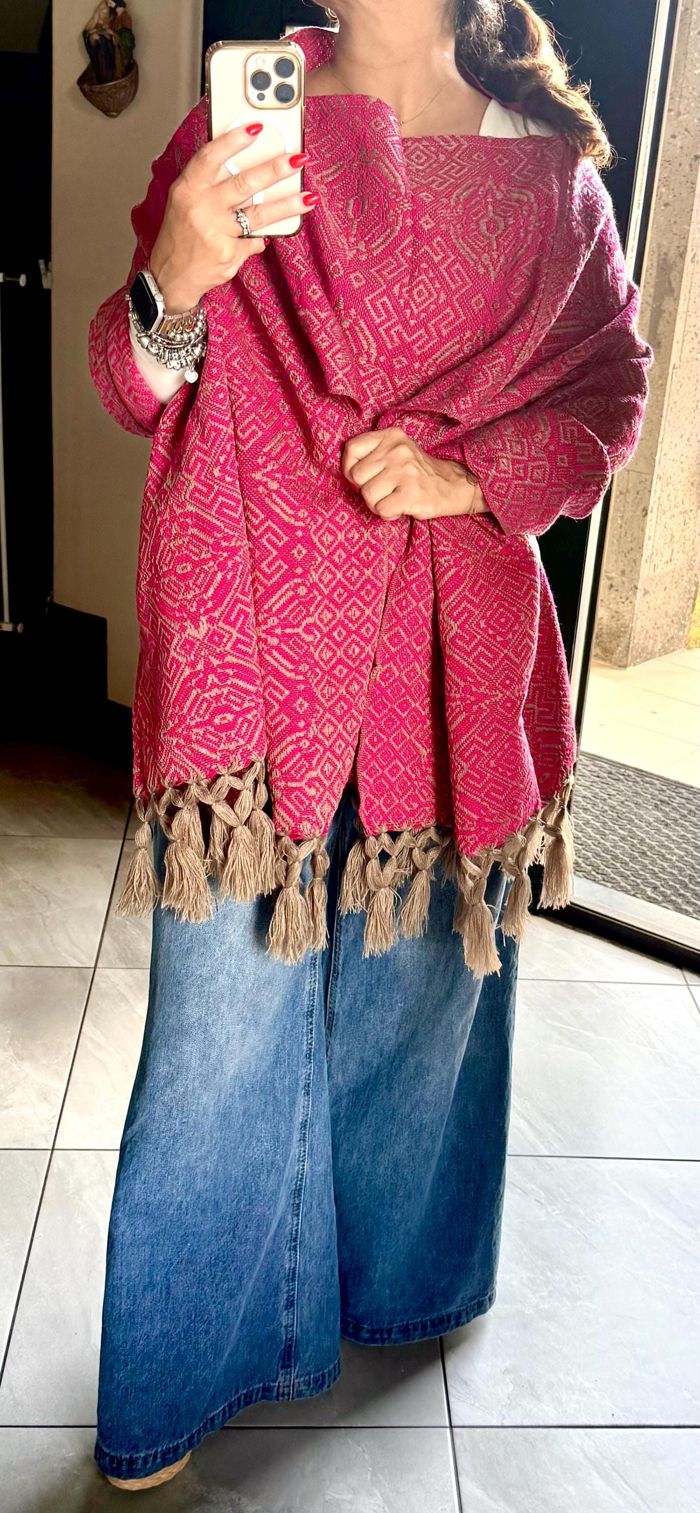 Mexican Rebozo Shawl Pink & Khaki – Handwoven Artisan Wrap – Authentic Mexican Scarf from Puebla with front panel ( pechera)