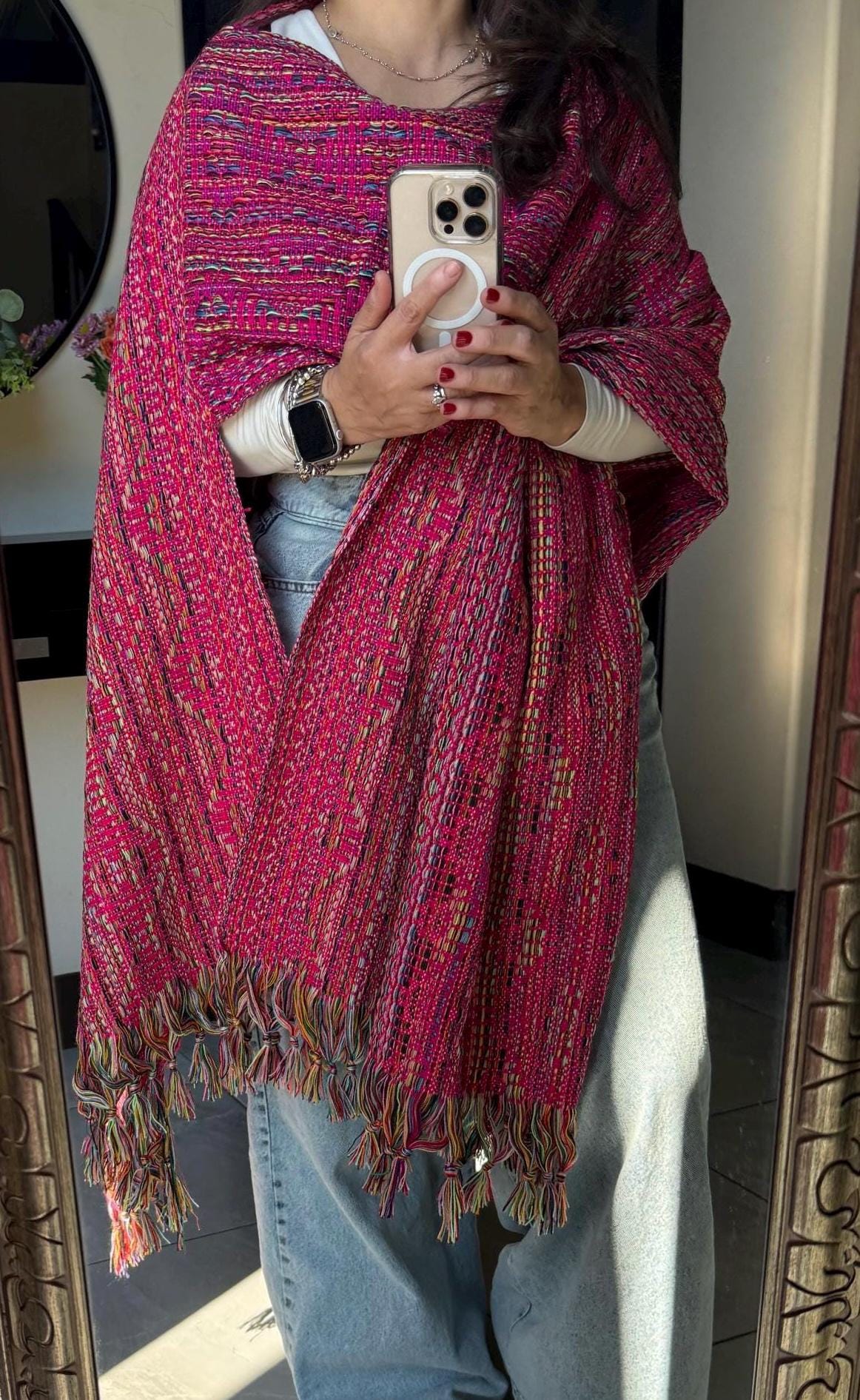 Mexican Rebozo  with front panel – Rosa Mexicano | Multicolor Shawl from Puebla | 80x28 in | CasaArtMex