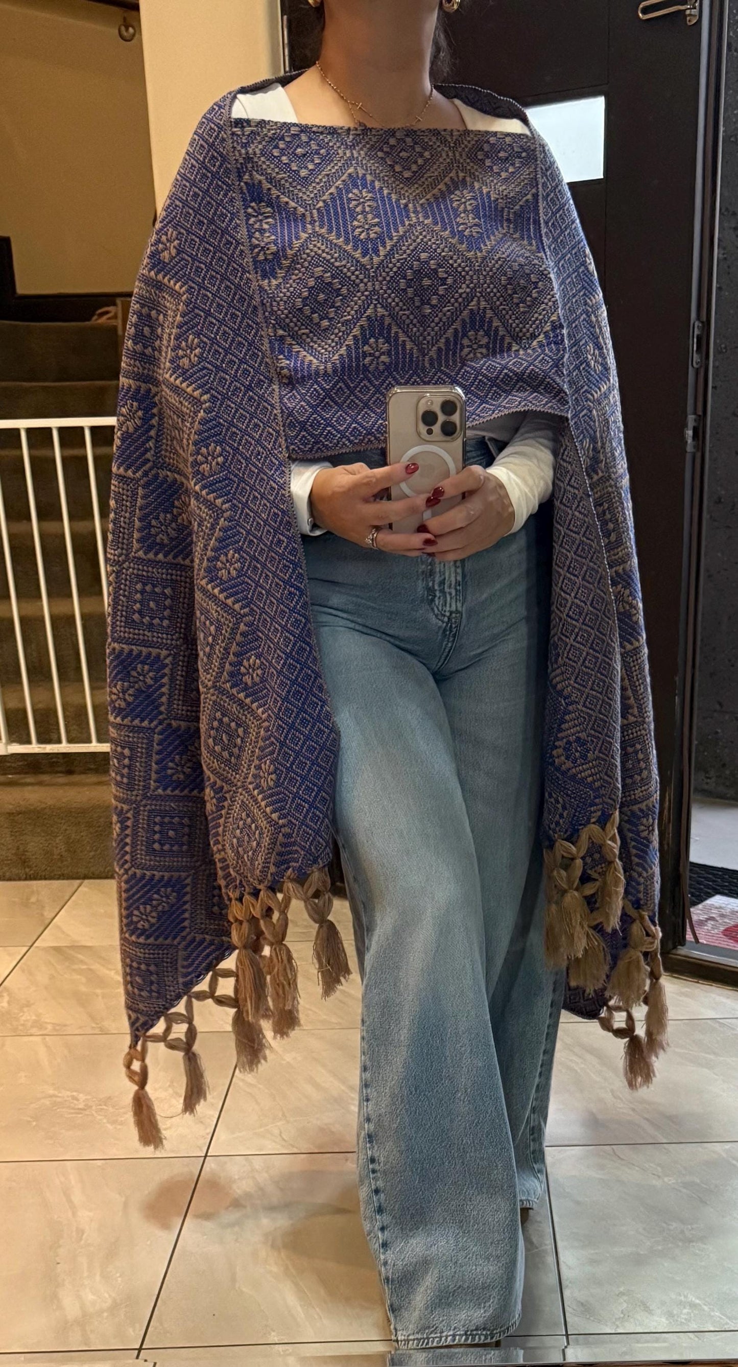 Handwoven Mexican Rebozo – Royal Blue  & Khaki Shawl from Puebla | 80x28 in | CasaArtMex
