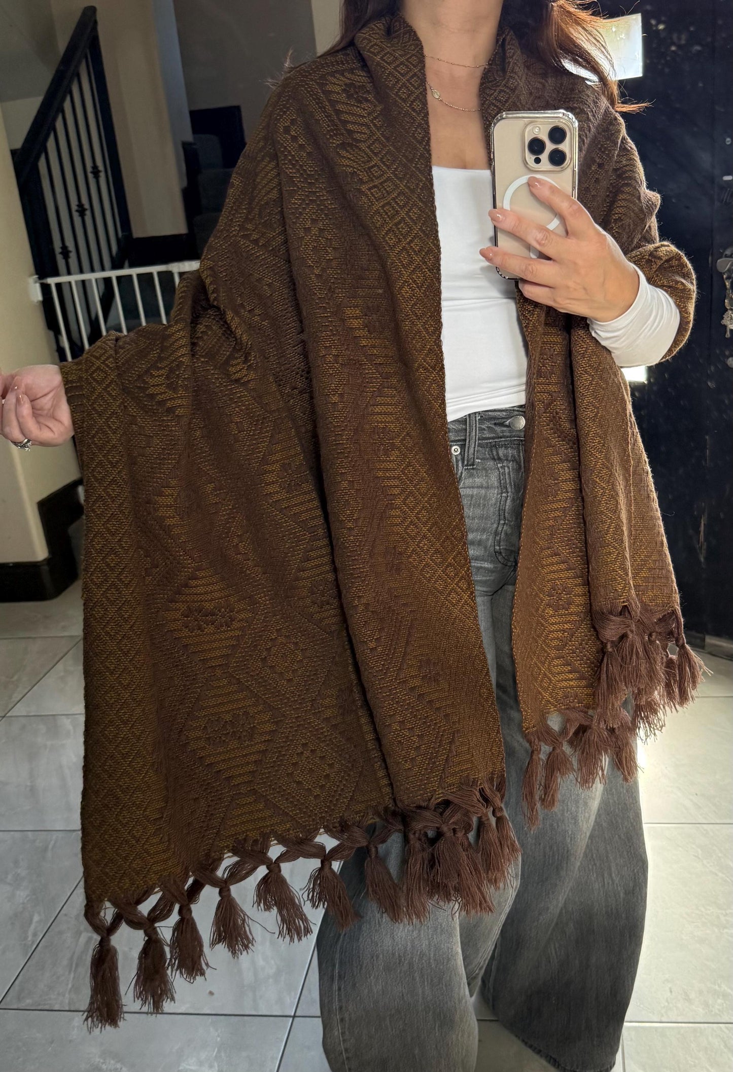 Handwoven Mexican Rebozo Shawl | Brown & Yellow Loom-Woven Wrap