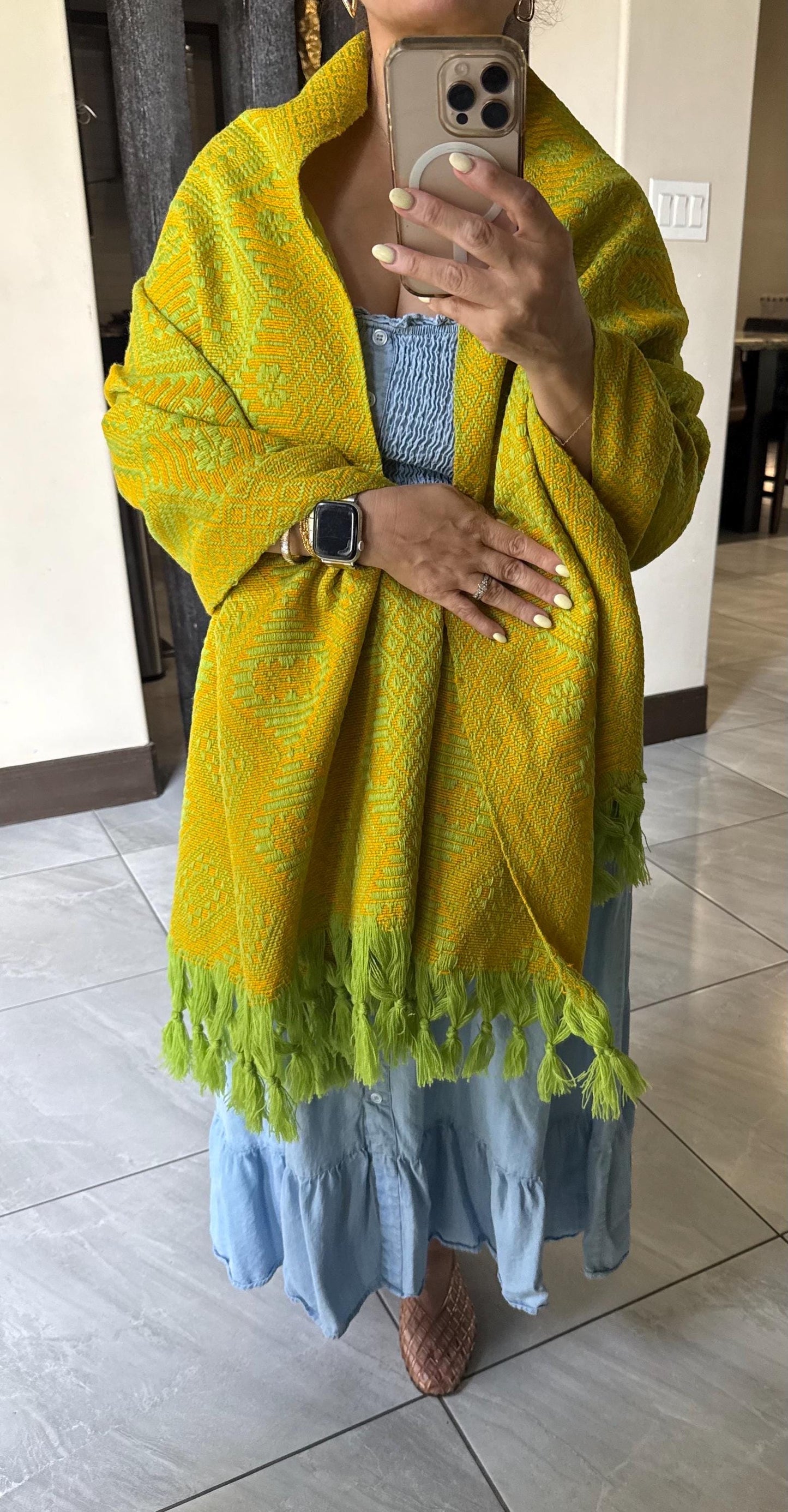 Handwoven Mexican Rebozo Shawl | Green | Cempasúchil Yellow,