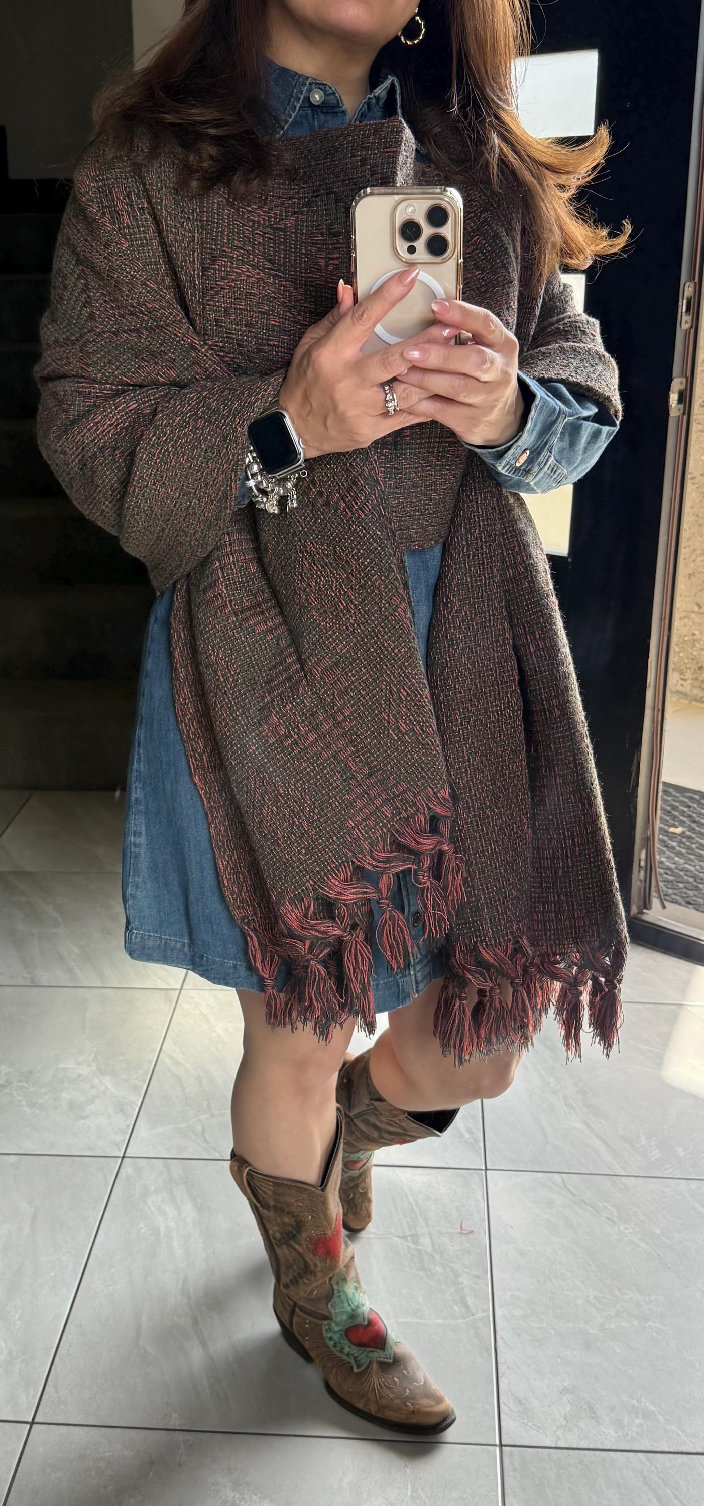 Handwoven Mexican Rebozo Shawl with pechera – Charcoal | Green | Peach | Puebla Artisan Craft