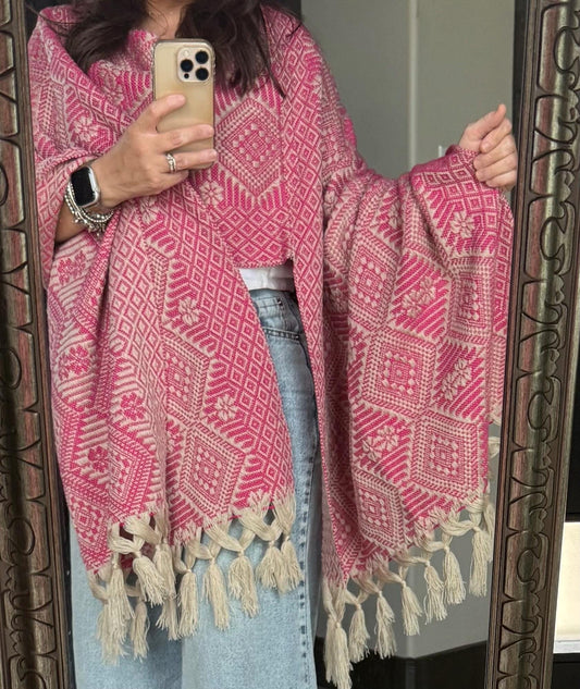 Mexican Rebozo with Pechera – Khaki | Pink | Shawl from Puebla | CasaArtMex