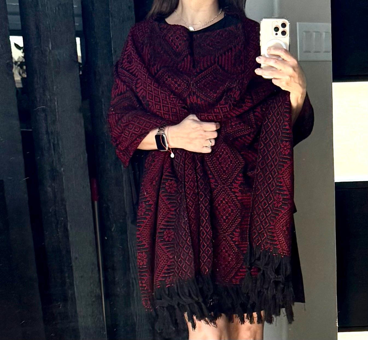 Mexican Rebozo with Pechera – Black | Red | Shawl from Puebla | 80×28 in | CasaArtMex