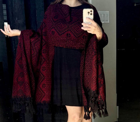 Mexican Rebozo with Pechera – Black | Red | Shawl from Puebla | 80×28 in | CasaArtMex