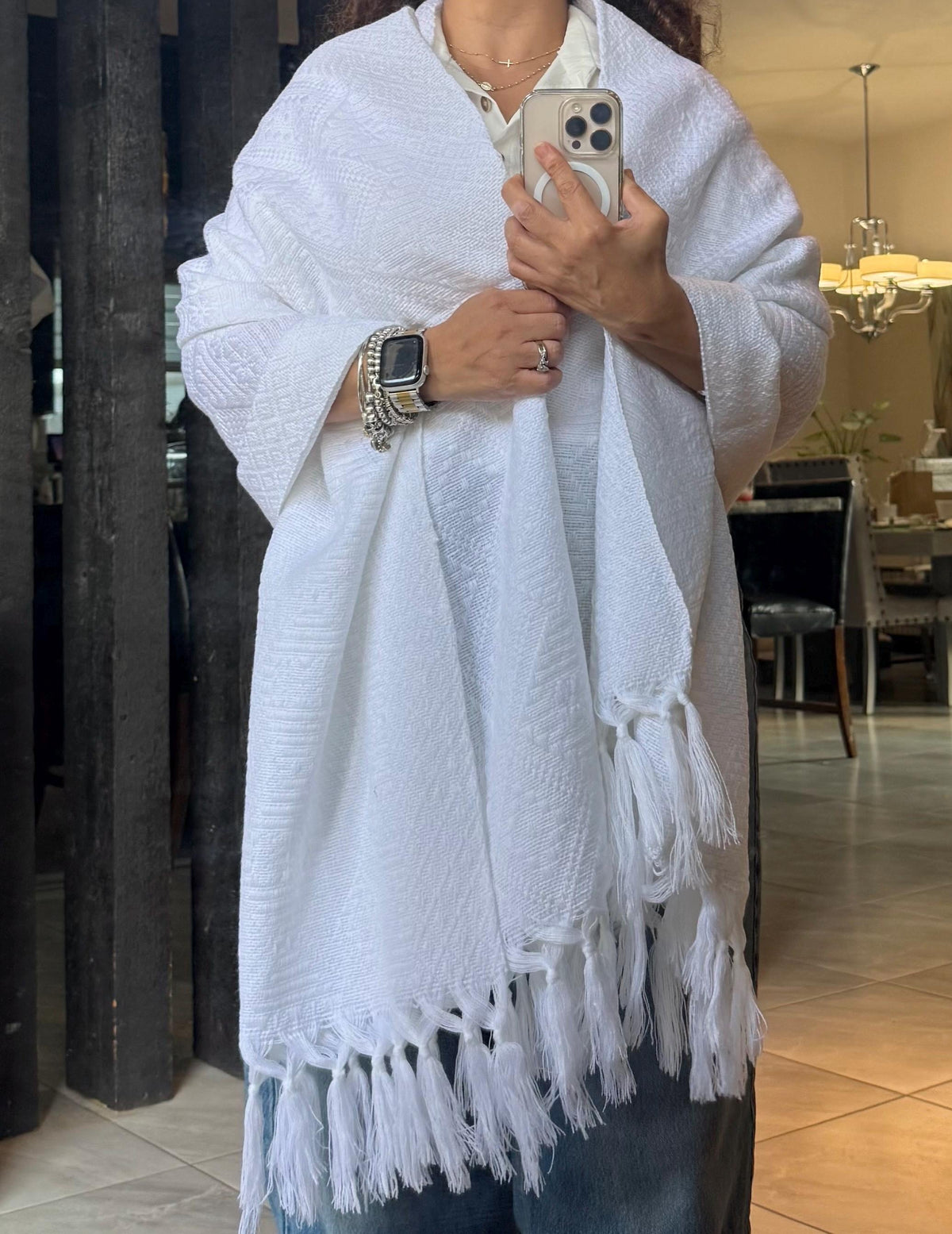 Mexican Rebozo – White Shawl from Puebla | 80×28 in | CasaArtMex