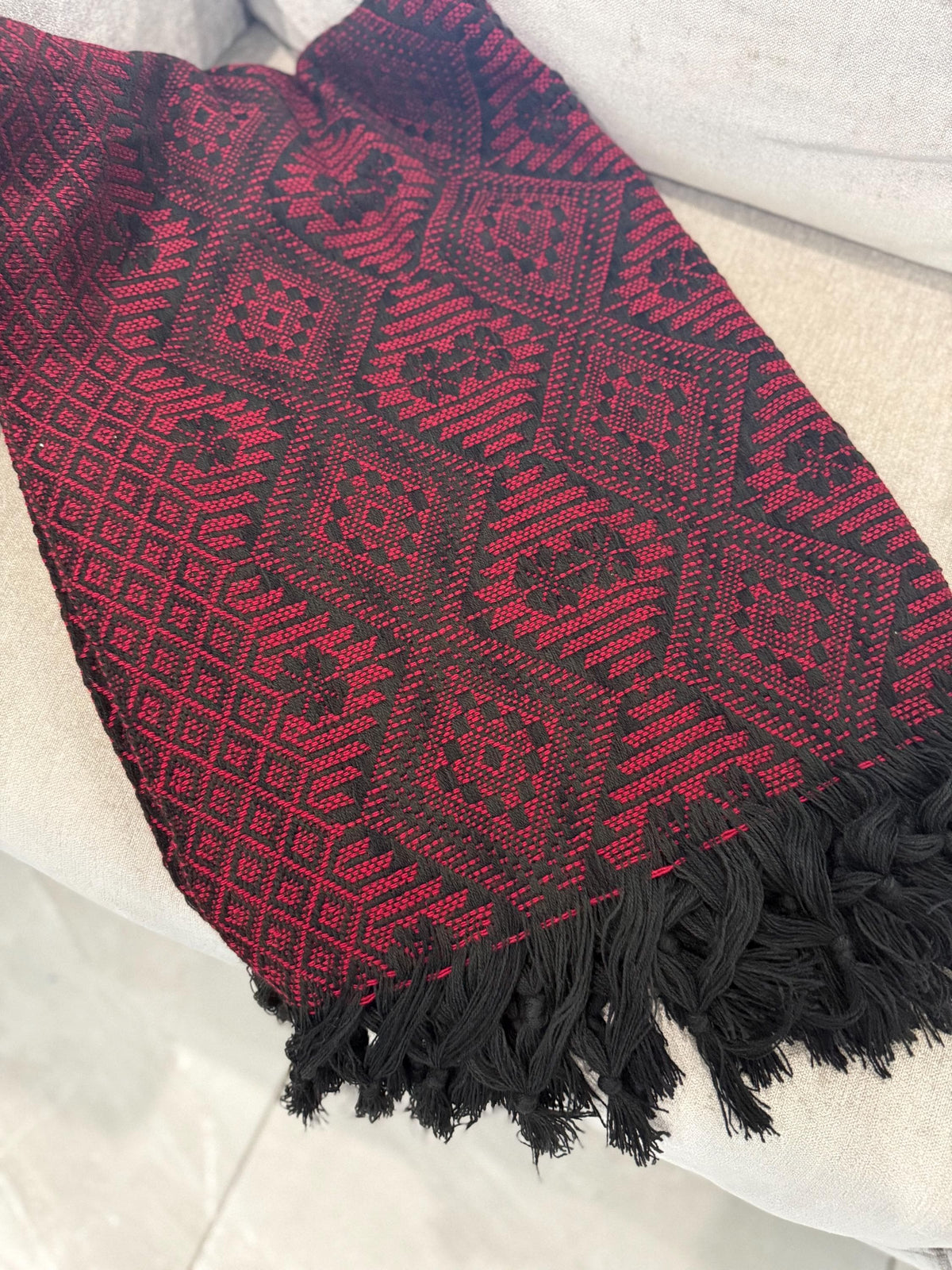 Mexican Rebozo with Pechera – Black | Red | Shawl from Puebla | 80×28 in | CasaArtMex