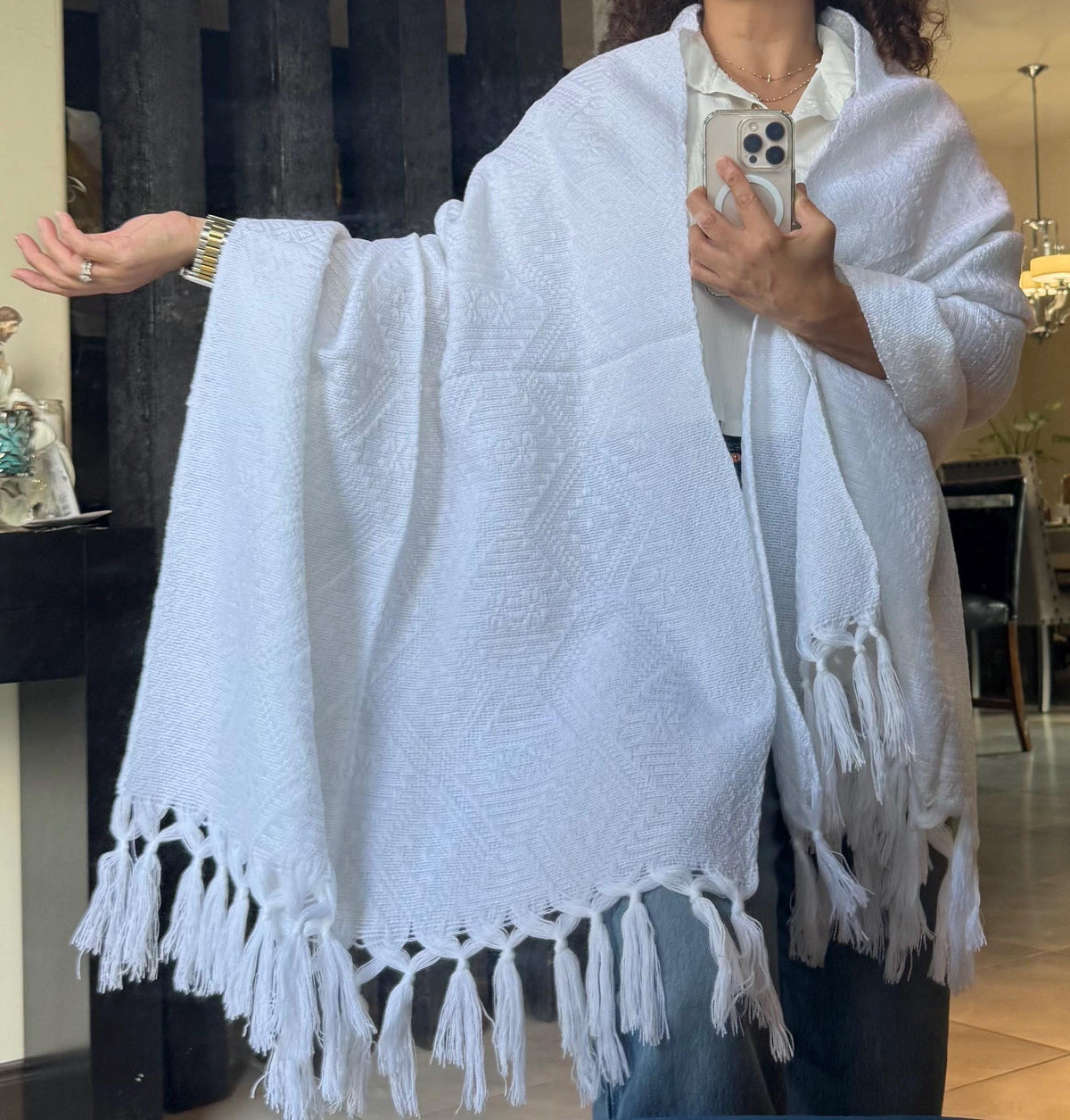 Mexican Rebozo – White Shawl from Puebla | 80×28 in | CasaArtMex