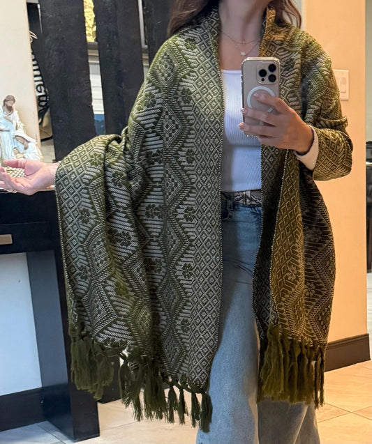 Mexican Rebozo – Army Green | Ivory Shawl from Puebla | 80×28 in | CasaArtMex