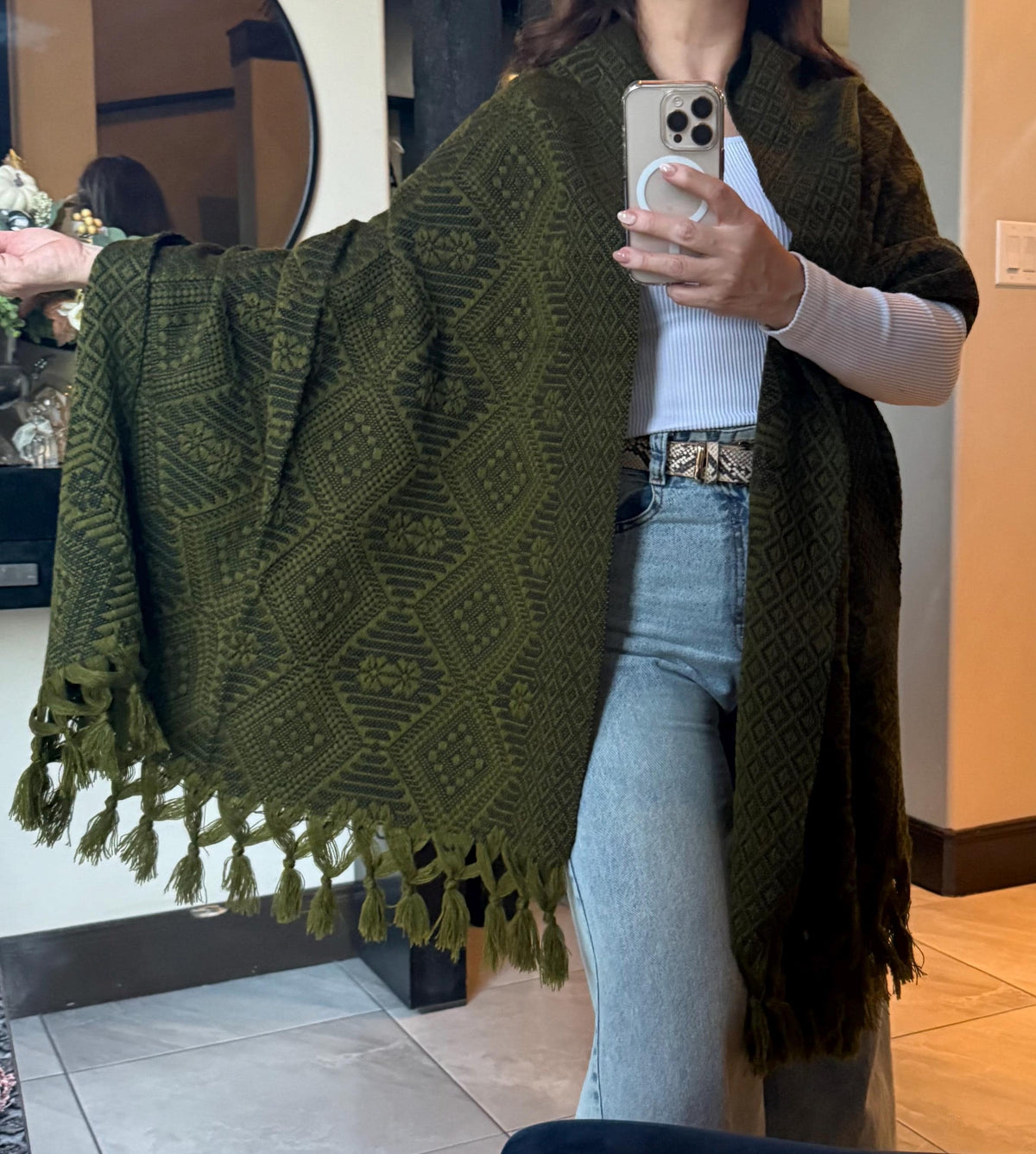 Mexican Rebozo – Army Green | Black Shawl from Puebla | 80×28 in | CasaArtMex