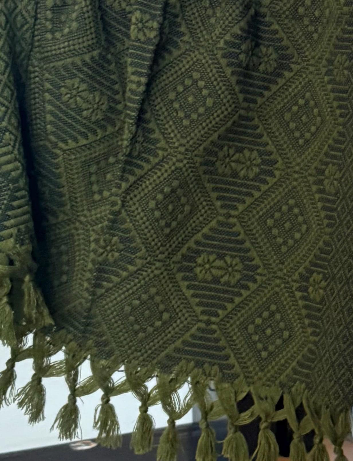 Mexican Rebozo – Army Green | Black Shawl from Puebla | 80×28 in | CasaArtMex