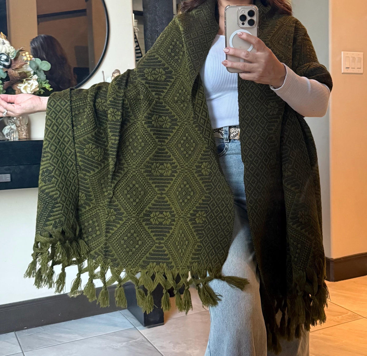 Mexican Rebozo – Army Green | Black Shawl from Puebla | 80×28 in | CasaArtMex