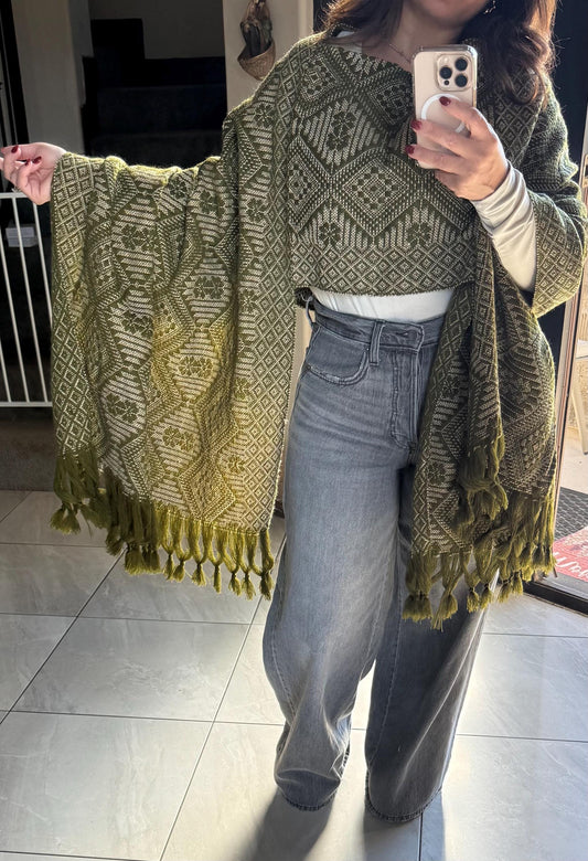 Mexican Rebozo with Pechera – Olive Green | Khaki | Shawl from Puebla | 80×28 in | CasaArtMex