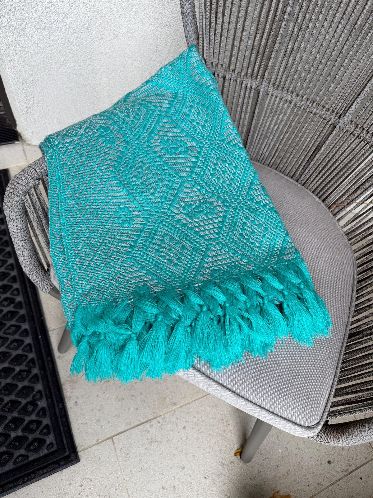 Mexican Rebozo – Turquoise | Gray Shawl from Puebla | 80×28 in | CasaArtMex